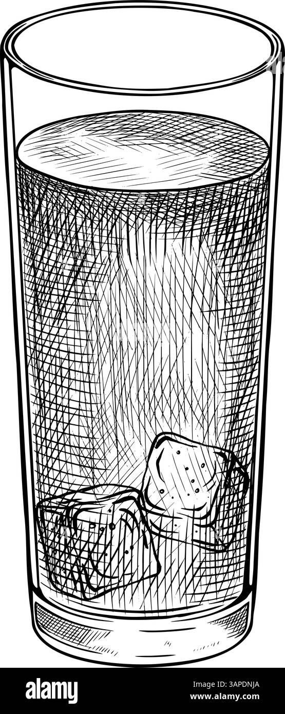 Disegno vettoriale inciso del bicchiere di vetro con bevanda fredda e cubetti di ghiaccio. Illustrazione monocromatica lineare di cocktail in bicchieri per menu e ricette di bevande in stile vintage inciso. Incisione nera Illustrazione Vettoriale
