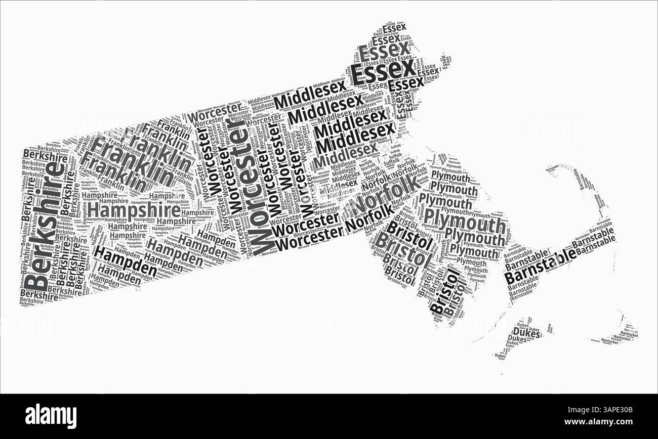 Contee in stile testo del Massachusetts. La regione di stato nomina nuvole di parole in lingua inglese. Eccezionale illustrazione vettoriale. Illustrazione Vettoriale