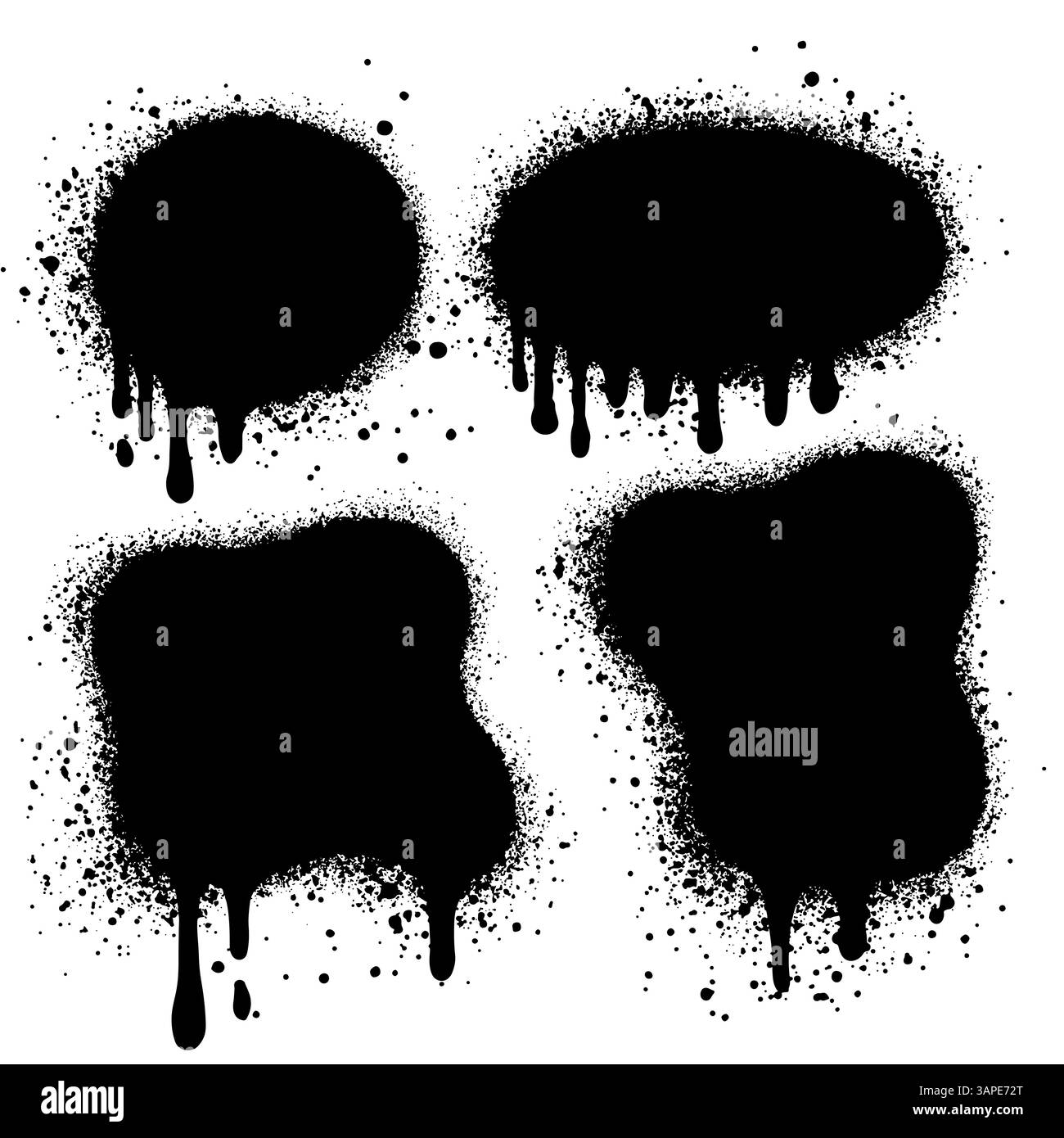 Set di striscioni spray per graffiti. Spray vettoriale con linee e gocce spruzzi di inchiostro nero, raccolta di macchie di inchiostro, Street style. Illustrazione Vettoriale