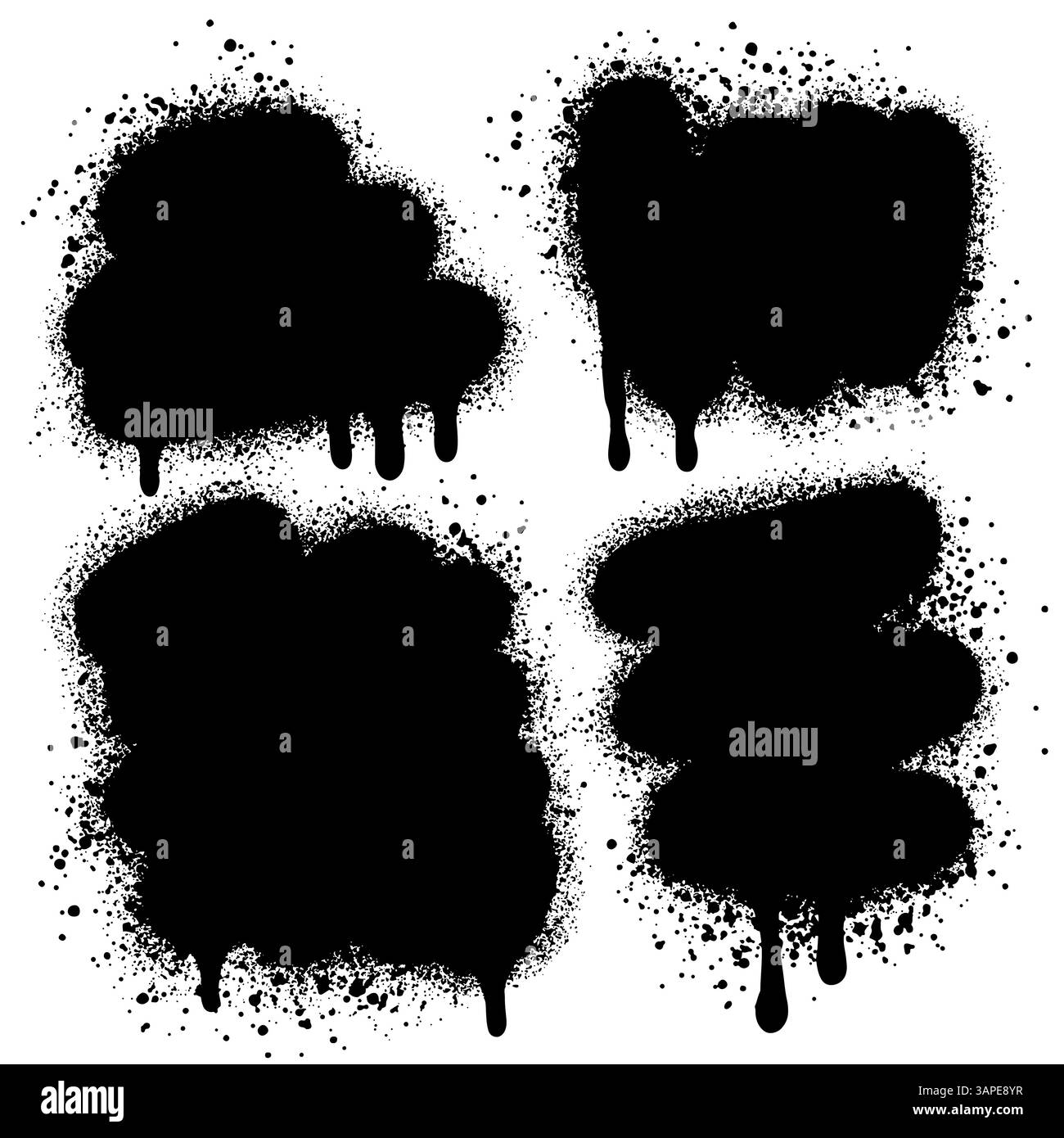 Set di striscioni spray per graffiti. Spray vettoriale con linee e gocce spruzzi di inchiostro nero, raccolta di macchie di inchiostro, Street style. Illustrazione Vettoriale