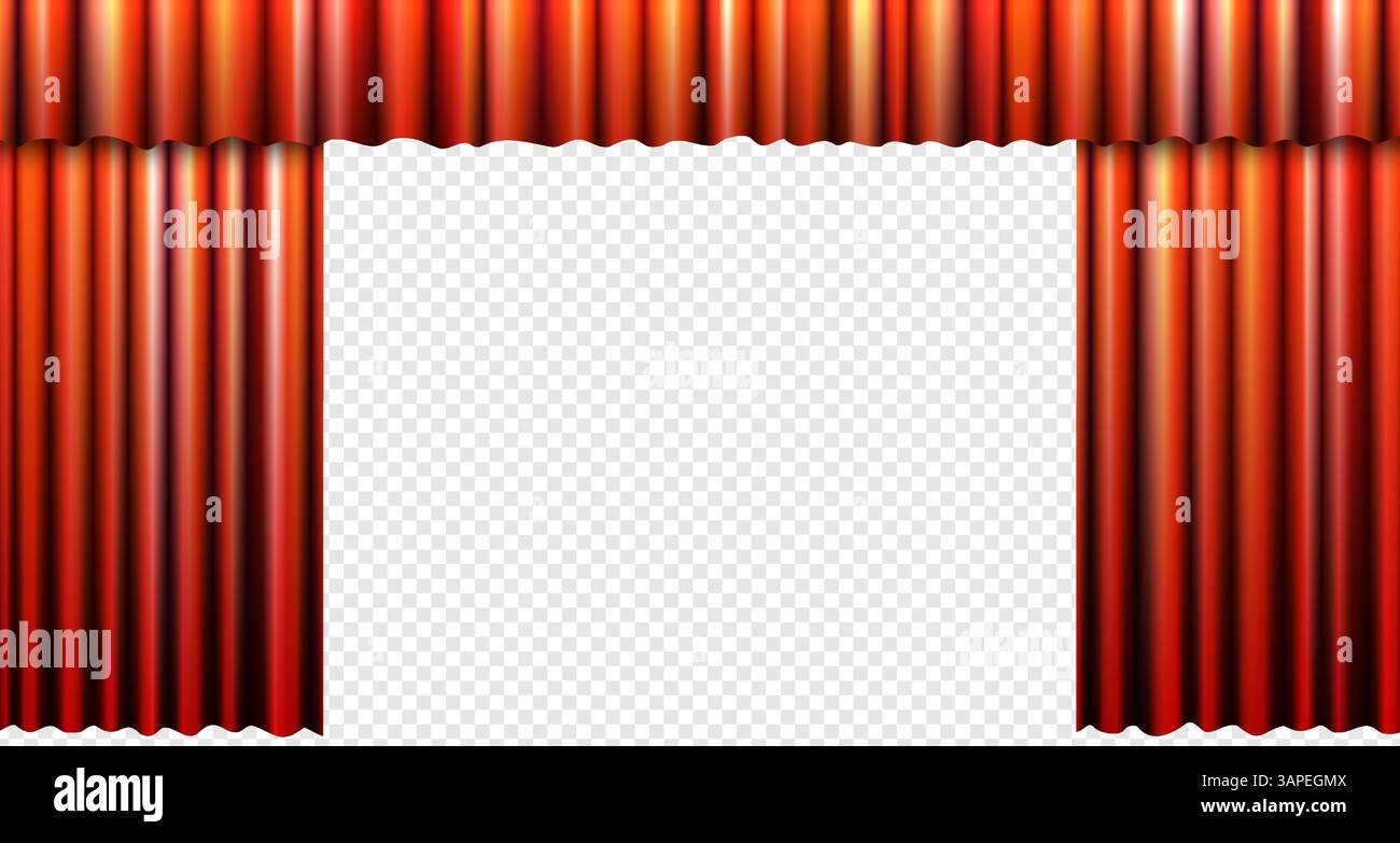 Tenda di velluto rosso aperta sul palco teatrale con vista panoramica. Elegante sfondo vettoriale per prestazioni classiche, eventi glamour, cinema, concerti, conferenze o presentazioni spettacolari. Illustrazione Vettoriale