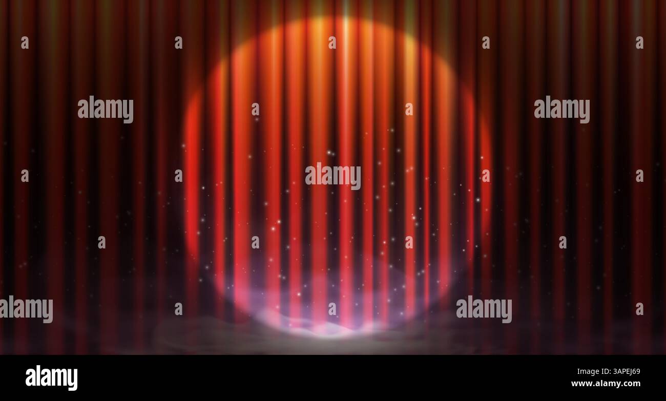 Spettacolare tenda in velluto rosso sul palco con faretti, effetto fumo e nebbia. Sfondo elegante per teatro, cinema, concerti, eventi aziendali o presentazioni di lusso. Atmosfera retrò chic e di alto livello. EPS Illustrazione Vettoriale