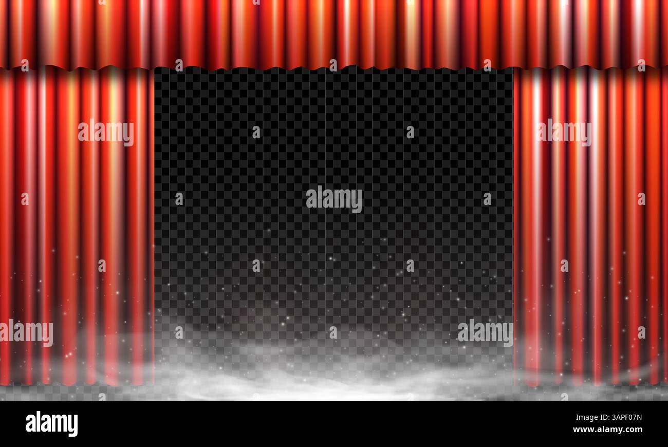 L'elegante tenda rossa si apre sul palco con nebbia, scintille e fascio di luce. Illustrazione vettoriale per il teatro, la cerimonia di premiazione, lo spettacolo del casinò o l'evento premium. Scena di prestazioni di grande impatto e lusso. Illustrazione Vettoriale