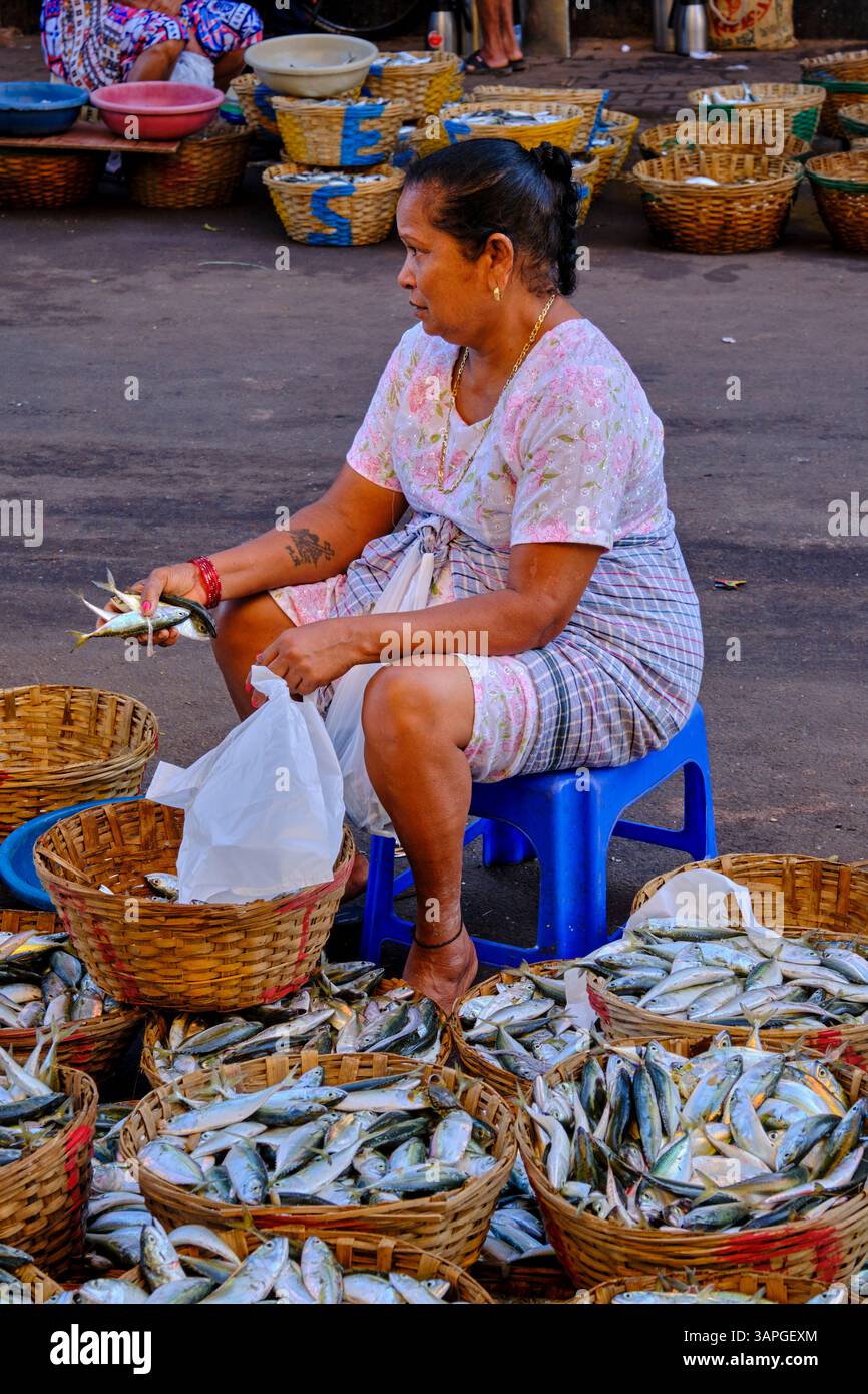 India, stato di Goa, Panaji (o Panjim), la capitale dello stato, mercato del pesce Foto Stock