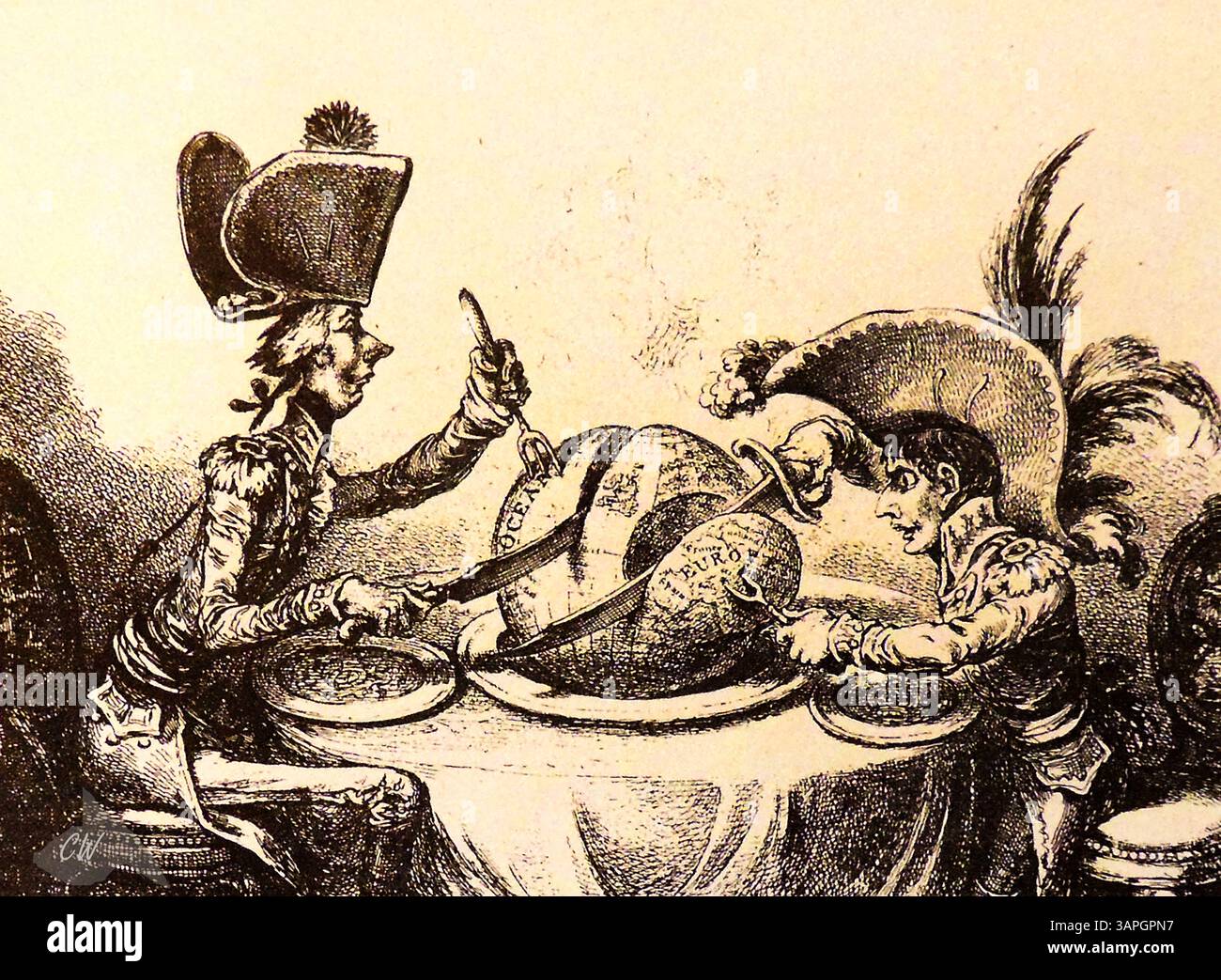 Un cartone politico del 1805 che mostra una caricatura di William Pitt e Napoleone che intagliano il globo tra di loro. --- Une caricature politique de 1805 montrant une caricature de William Pitt et Napoléon partageant le Globe entre eux. -[-una vignetta politica del 1805 che mostra una caricatura di William Pitt e Napoleone mentre si dividono il globo. --- Foto Stock