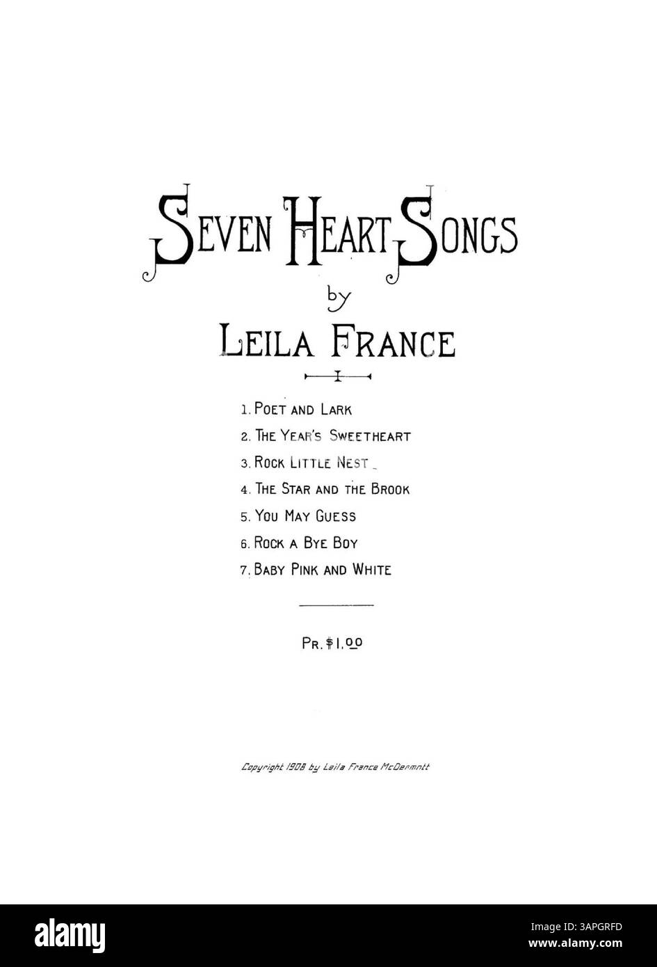 Questa copertina di spartiti presenta la danza spagnola, con il compositore di "Palm City Schottische" menzionato. Il retro presenta un annuncio per "Seven Heart Songs" di Leila France. Foto Stock