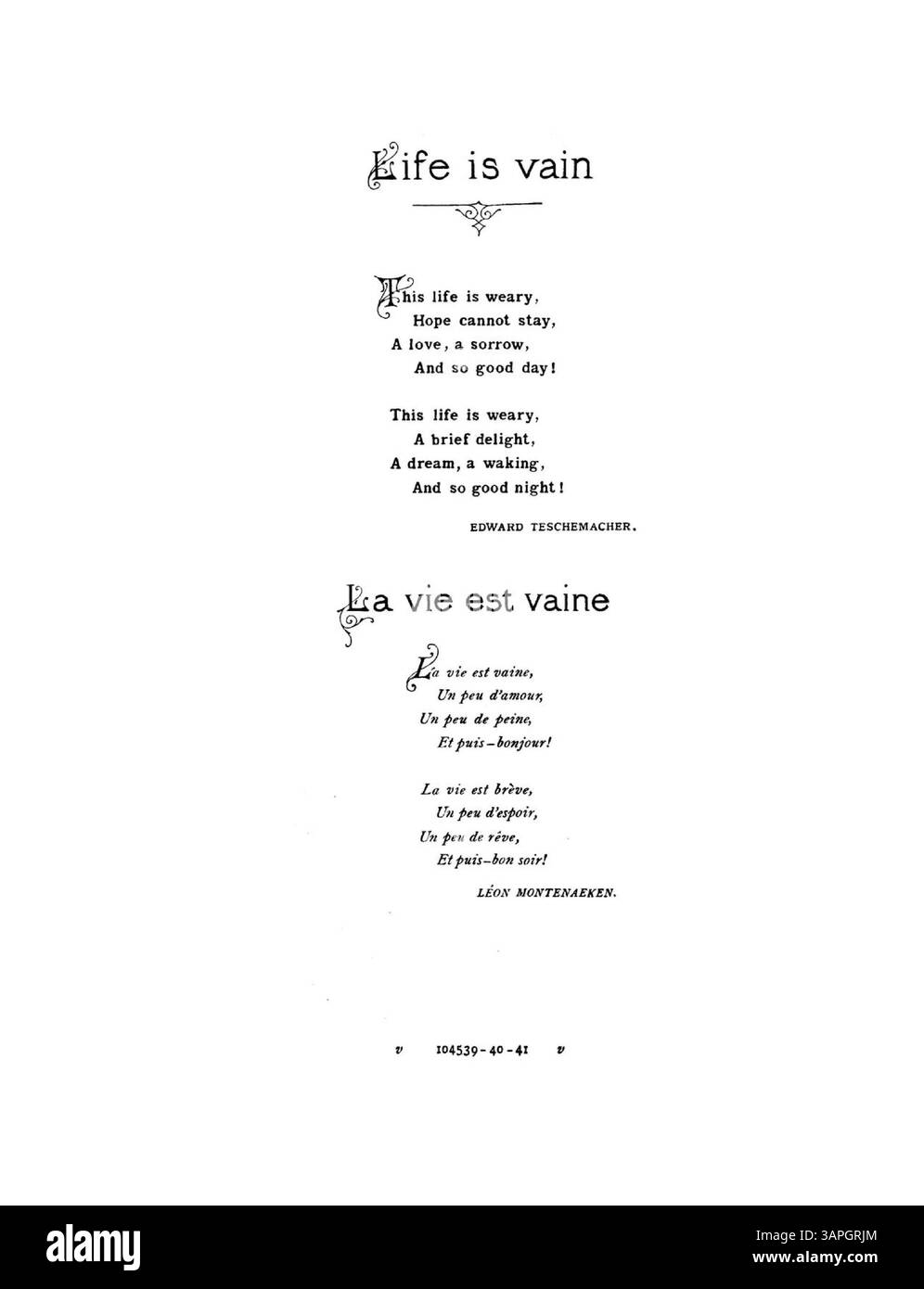Questa colonna sonora, intitolata "Life is Vain", è stata cantata da Mr. Santley. Le parole sono di Edward Teschemacher, dal francese di Leon Montenaeken, con musiche di Ellen Wright. La canzone è stampata sia in francese che in inglese, con il testo completo prima della partitura. Il retro di copertina presenta una pubblicità con 33 brani per "le canzoni più popolari di G. ricordi & Co". Numero di targa: 104539, versione in F.. Foto Stock