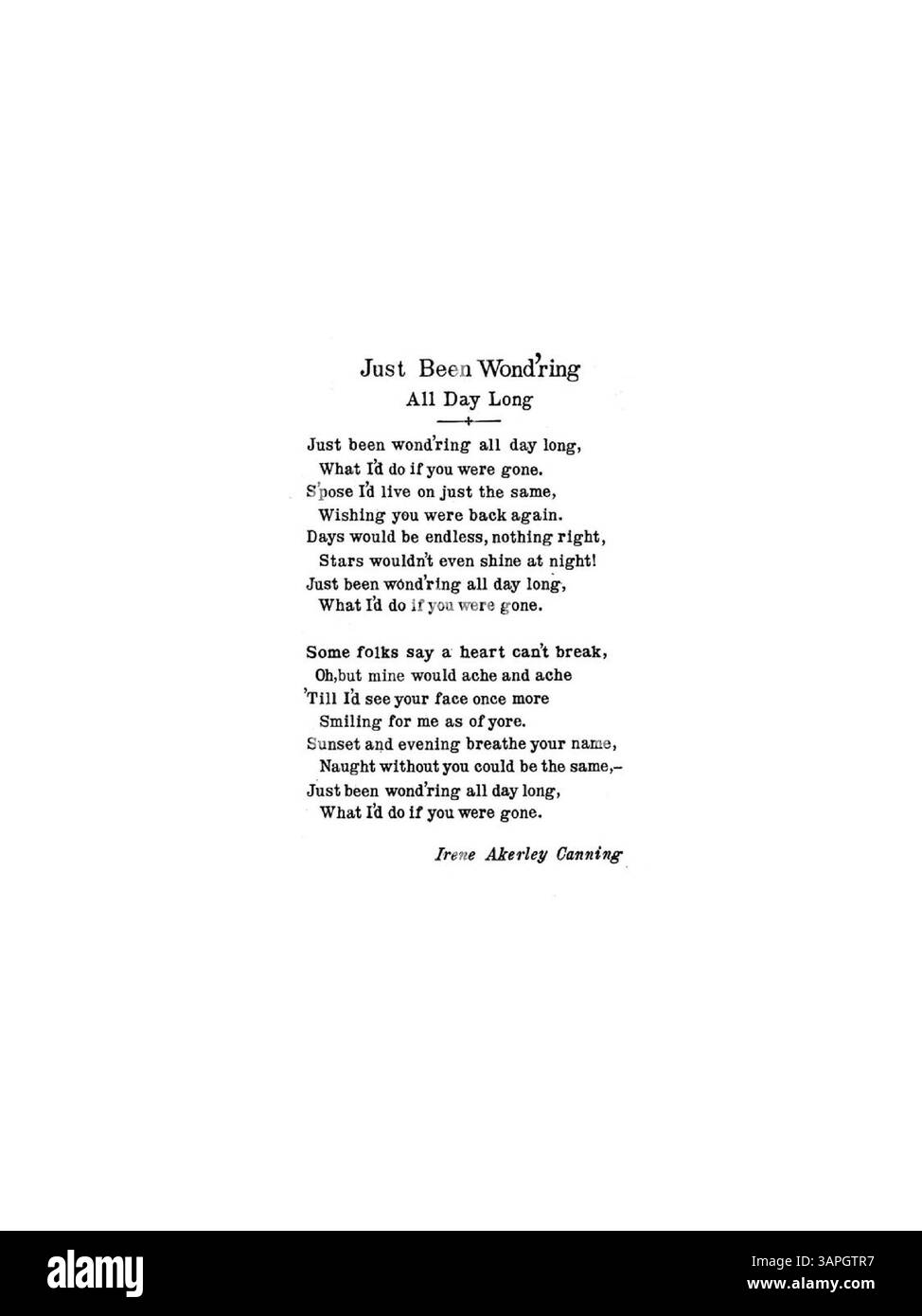 Una canzone scritta da Irene Akerley Canning, con testi e musica, in fa maggiore (voce alta). La partitura include testi e una parte di violino. Le copertine anteriori e posteriori contengono pubblicità per altre canzoni, tra cui opere di Ernest R. Ball e Wonderful Mother of My. Numero di targa: M.W.&SONS.16499. Il colore dell'immagine digitale potrebbe differire notevolmente dall'originale. Foto Stock
