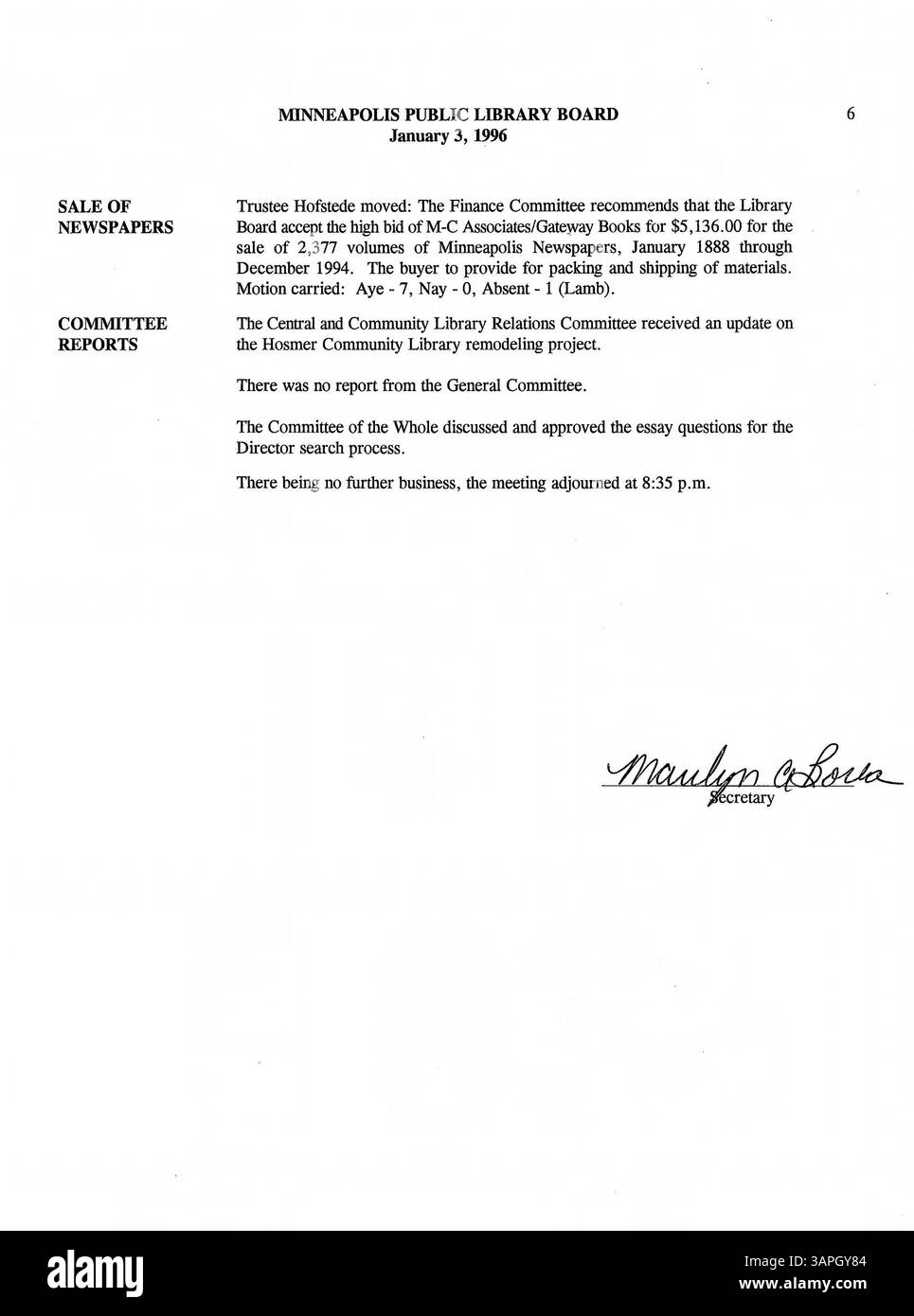 Questo documento contiene i verbali della riunione del Consiglio di amministrazione della Minneapolis Public Library per l'anno 1996. Fornisce un resoconto dettagliato delle discussioni, delle decisioni e delle azioni del Consiglio durante le riunioni durante tutto l'anno. Foto Stock