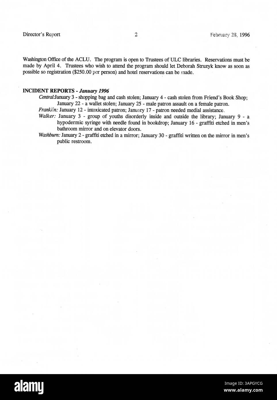 Questi verbali ufficiali registrano le discussioni, le decisioni e le azioni del Consiglio di amministrazione della Biblioteca pubblica di Minneapolis per tutto il 1996, concentrandosi sulle politiche, le operazioni e il coinvolgimento della comunità. Foto Stock