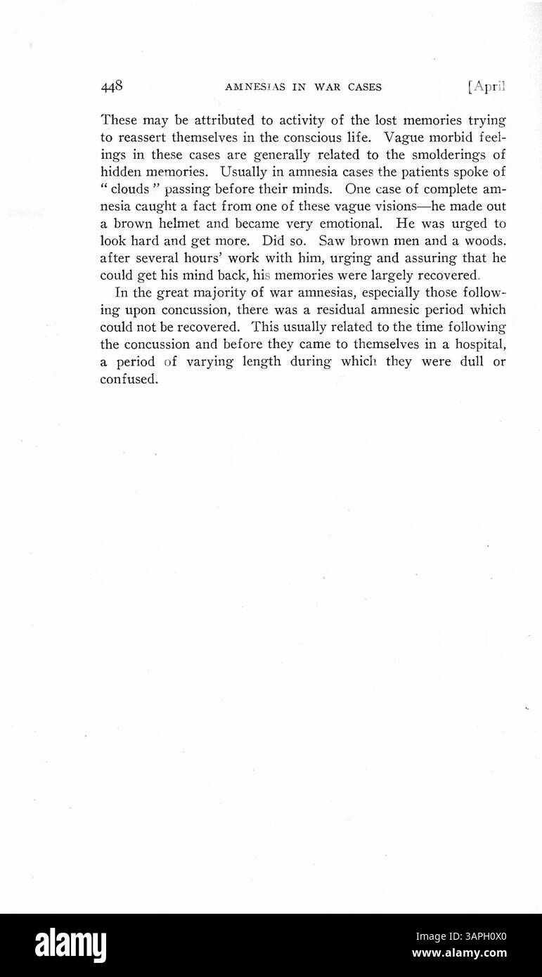 Questo studio disponibile presso le biblioteche dell'Università dell'Oregon descrive il concetto di dissociazione come una difesa adattiva contro il trauma emotivo. Gli autori presentano tre casi di soldati senza precedenti problemi mentali che hanno sviluppato amnesia psicogena a seguito di eventi traumatici in guerra, tra cui assistere alla morte e prendere decisioni che cambiano la vita sotto stress estremo. Foto Stock