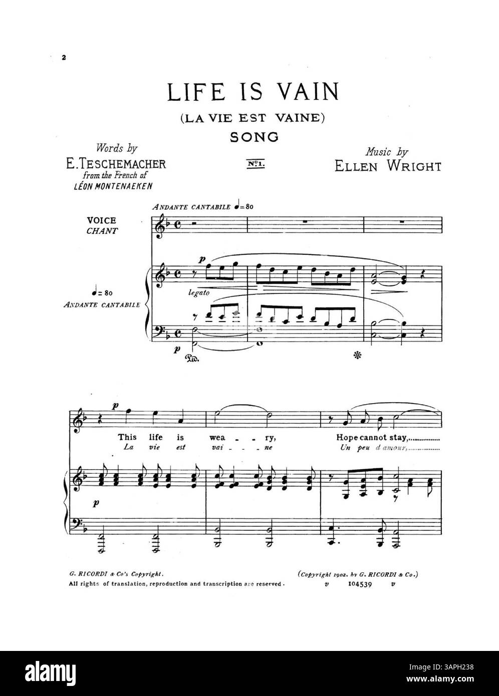 Questa colonna sonora, intitolata "Life is Vain", è stata cantata da Mr. Santley. Le parole sono di Edward Teschemacher, dal francese di Leon Montenaeken, con musiche di Ellen Wright. La canzone è stampata sia in francese che in inglese, con il testo completo prima della partitura. Il retro di copertina presenta una pubblicità con 33 brani per "le canzoni più popolari di G. ricordi & Co". Numero di targa: 104539, versione in F.. Foto Stock