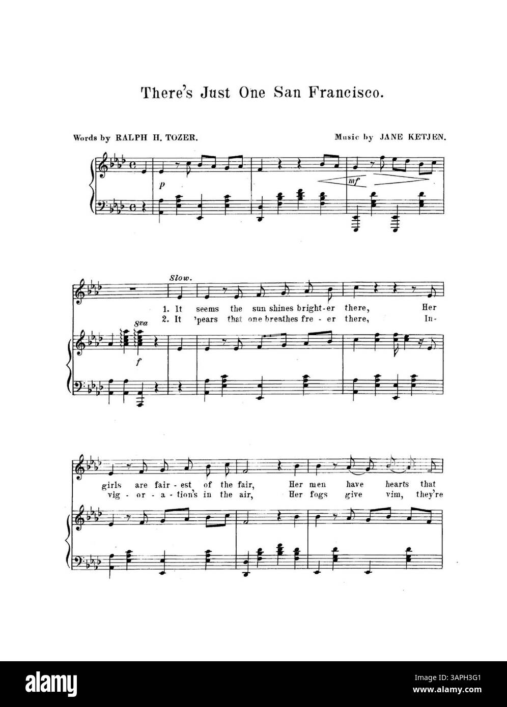 Un documento intitolato "There's Just One San Francisco", digitalizzato dall'originale presso l'University of Oregon Libraries Music Services Department. Questo documento è di pubblico dominio e riflette il legame storico con San Francisco, catturando un tempo e un luogo nella cultura americana. Foto Stock