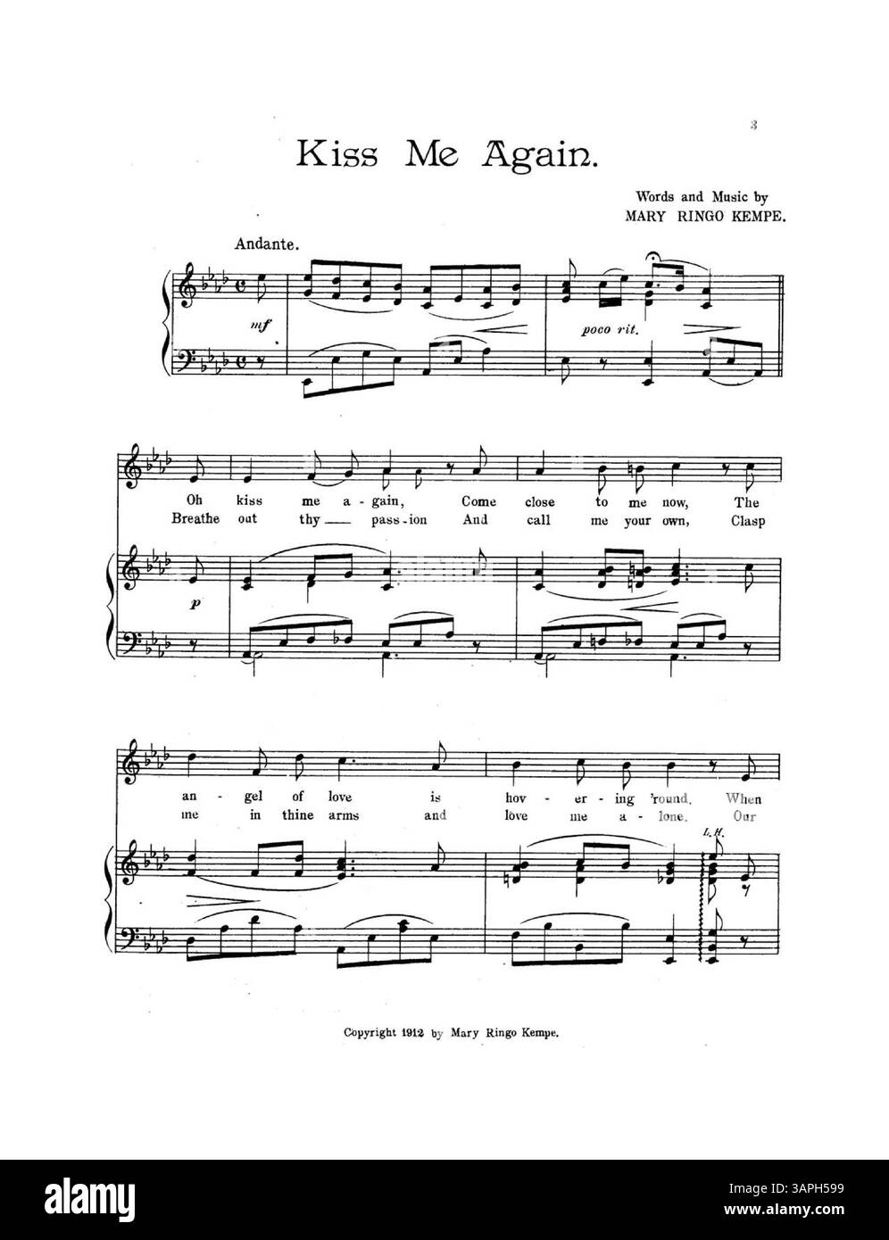 Spartiti per "Kiss me Again", scritta da Mary Ringo Kempe, con agenti di vendita elencati come New York Sheet Music Clearinghouse. Foto Stock