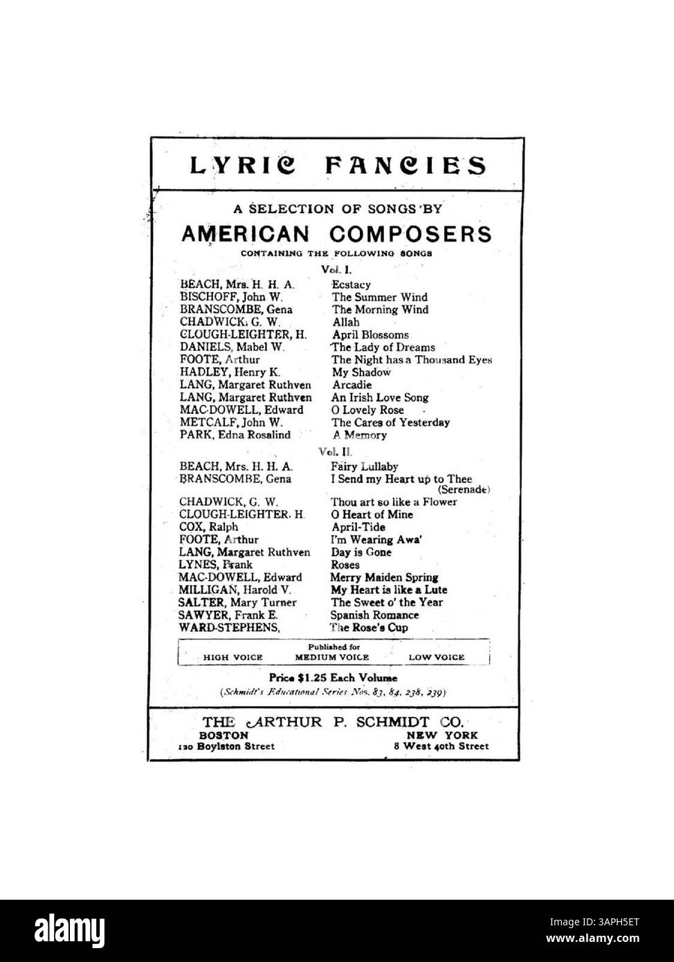 The Coral Grove di Florence Newell Barbour è il secondo della serie "Six Song Pictures". Destinata al mezzosoprano o al baritono, la canzone presenta il testo di James Gates Percival. La copertina include il numero di targa A.P.S. 12-160-6 e la copertina posteriore presenta una pubblicità per "Lyric Fancies", una raccolta di canzoni di compositori americani. La rappresentazione dei colori può variare. Foto Stock