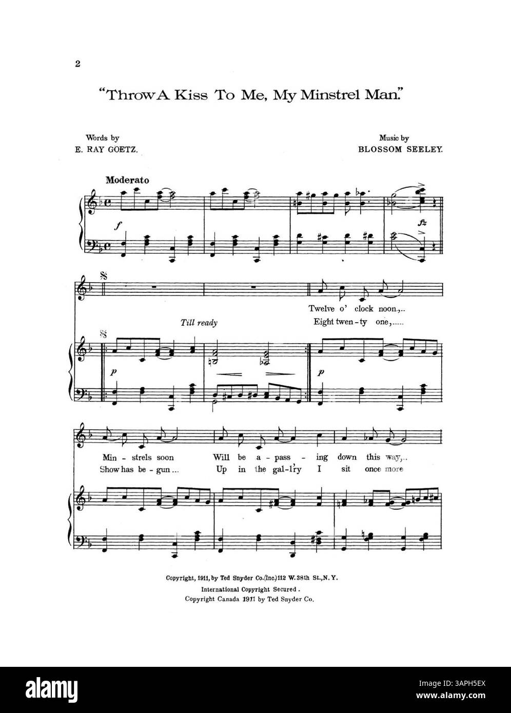 Gli spartiti di Throw a Kiss to me, My Minstrel Man includono estratti promozionali per altre canzoni di Irving Berlin e Ted Snyder sulla copertina posteriore. Lo spartito include anche un estratto promozionale con inchiostro blu per "Roses and Memories" di Ted Snyder. Foto Stock
