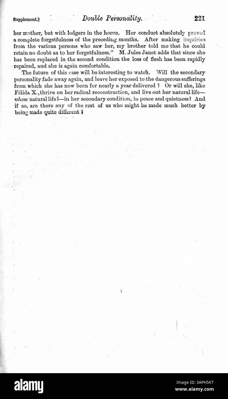 Lo studio della dottoressa Jules Janet sulle molteplici personalità di Blanche Witt rivela che una personalità soffre di cecità in un occhio, mentre un'altra ha una visione perfetta. L'ipnosi è stata usata come trattamento, fornendo un sollievo temporaneo dai sintomi. Viene anche discusso il caso di Marceline R. con un disturbo alimentare, con risultati simili da ipnosi. Foto Stock