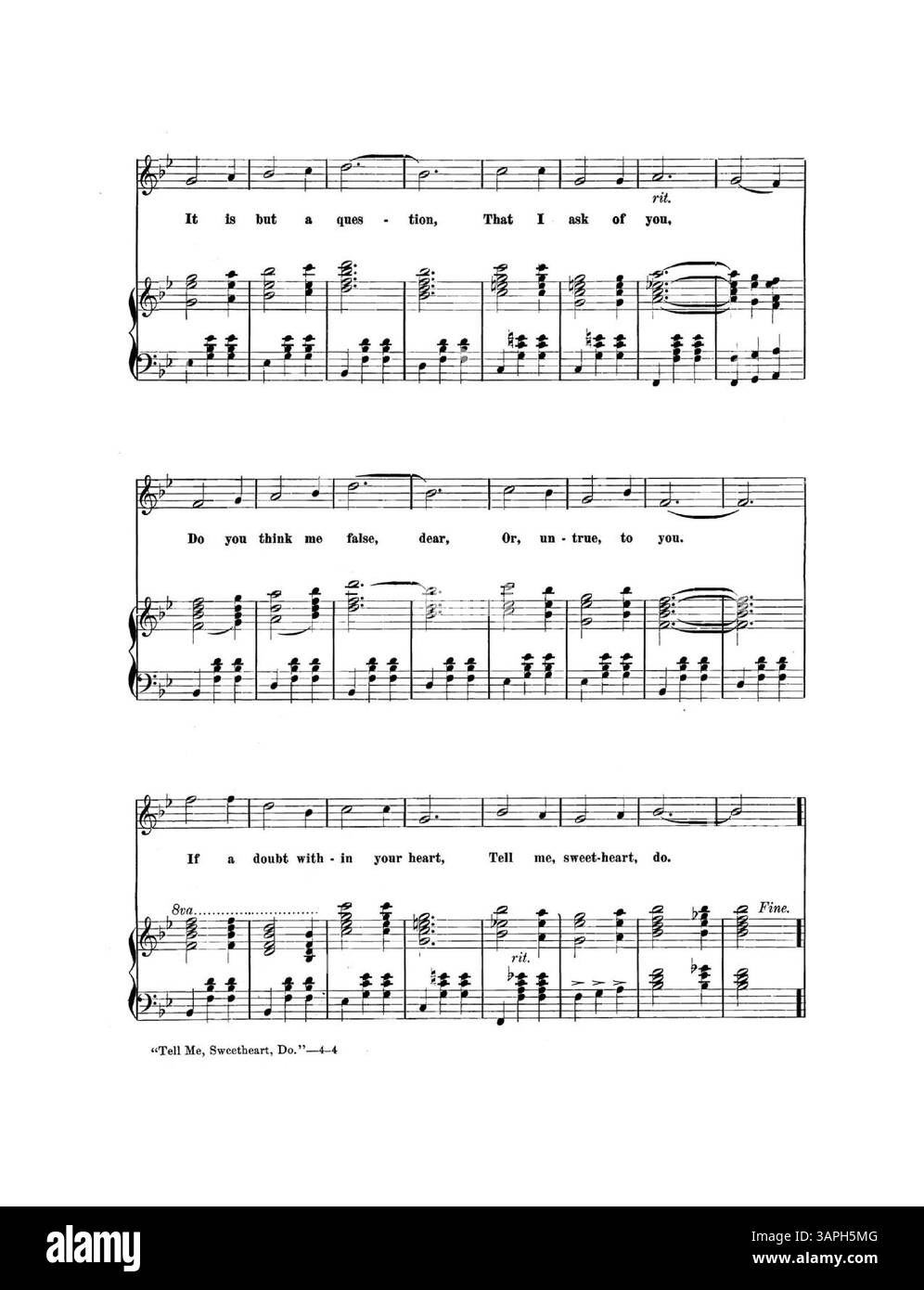 Questa canzone di valzer, "Tell me Sweetheart Do", include estratti musicali e pubblicità per varie canzoni, tra cui "There Is No Flag Like the Red, White, and Blue" e "Dear College Chums". Pubblicato da Chas K. Harris, riflette le tendenze musicali e le pratiche promozionali dei primi anni del XX secolo. Foto Stock