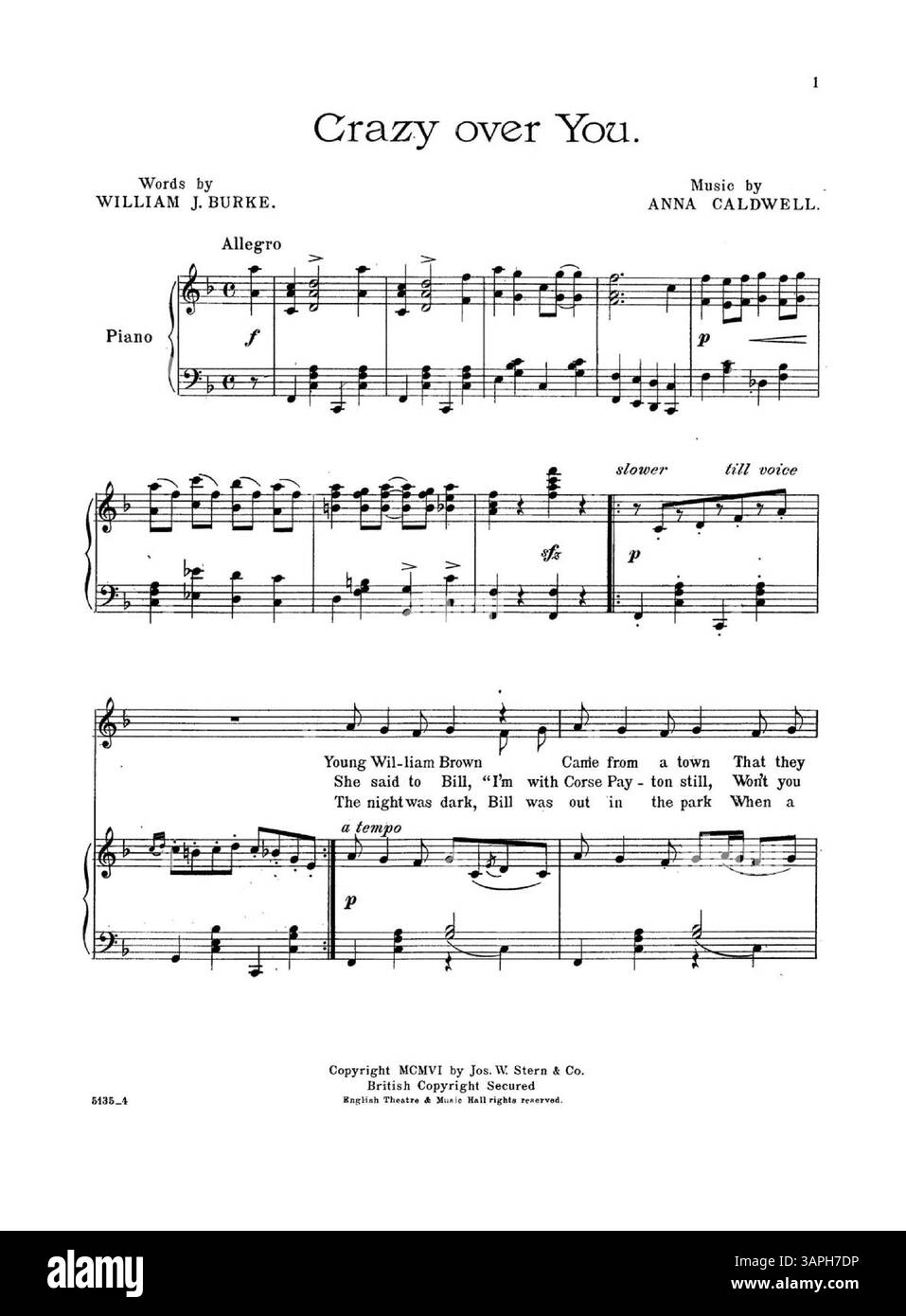 "Crazy Over You" è stato introdotto in "Little Joker" Co. Di Arthur Dunn con il numero di targa 5135. La copertina posteriore presenta un brano musicale di After They Get the Hay di S.R. Henry e J.J. Walker. Foto Stock