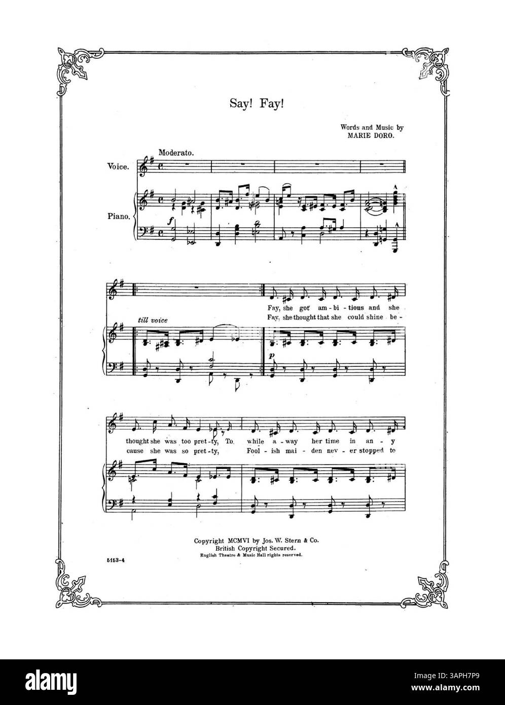 Questa cover di spartiti presenta la sensazionale canzone di Hattie Williams in The Little Cherub. Le parole e la musica della canzone sono state composte da Marie Doro, che ha anche composto i "valzer Clarice". La quarta di copertina contiene un annuncio pubblicitario e un estratto della canzone "i Like Your Way". Il design del coperchio include la piastra numero 5153, con un coperchio interno vuoto. Foto Stock