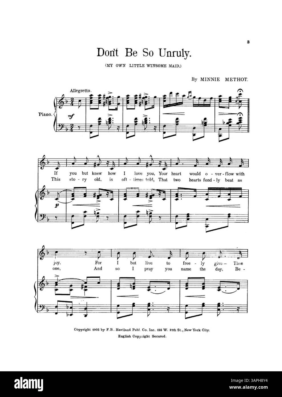 Cover di 'Don't Be so Unruly' con la notazione 'To M.M.M.' è elencata come cantata nella produzione di 'Mlle Marni' di Amelia Bingham. Il retro di copertina include un annuncio pubblicitario per Dance Folio No. 1 di Haviland. Foto Stock
