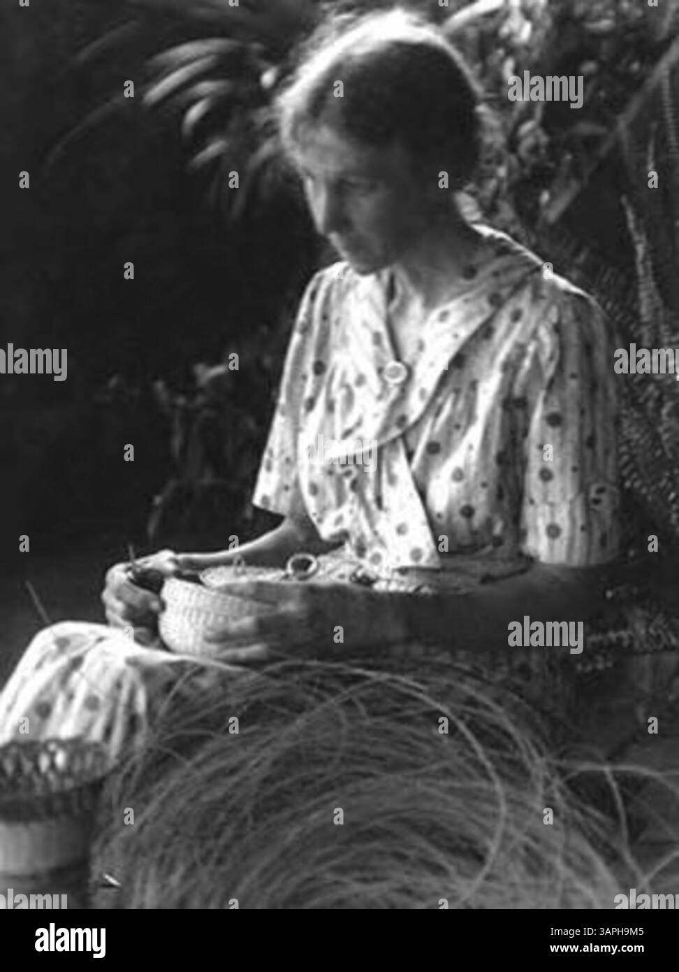 Flora Dysort è ritratta lavorando sul suo artigianato di cesti, mostrando l'arte e l'artigianato tradizionale dei nativi americani. Foto Stock