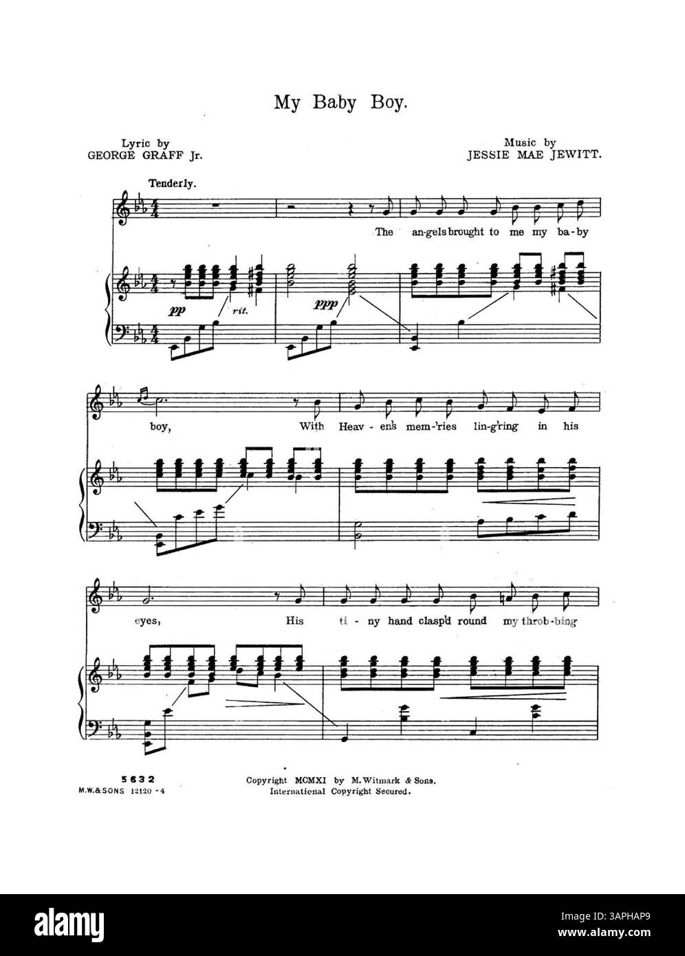 Questo spartito per "My Baby Boy" di Geo. Graff Jr. E Jessie Mae Jewitt includono estratti e pubblicità per altre canzoni popolari dell'epoca, offrendo informazioni sulle pubblicazioni musicali dei primi anni del XX secolo. Foto Stock