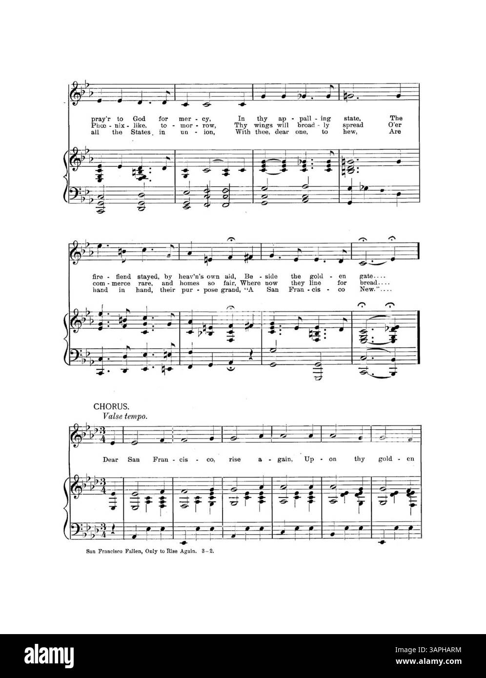 San Francisco Fallen Only to Rise Again è una canzone scritta da Alma A. Crowley. Il pezzo commemora il terremoto di San Francisco del 1906, riflettendo la resilienza della città dopo il disastro. Il titolo e il testo della canzone sottolineano il recupero e il rinnovamento della città. Il colore dell'immagine digitale può differire notevolmente dall'originale. Foto Stock