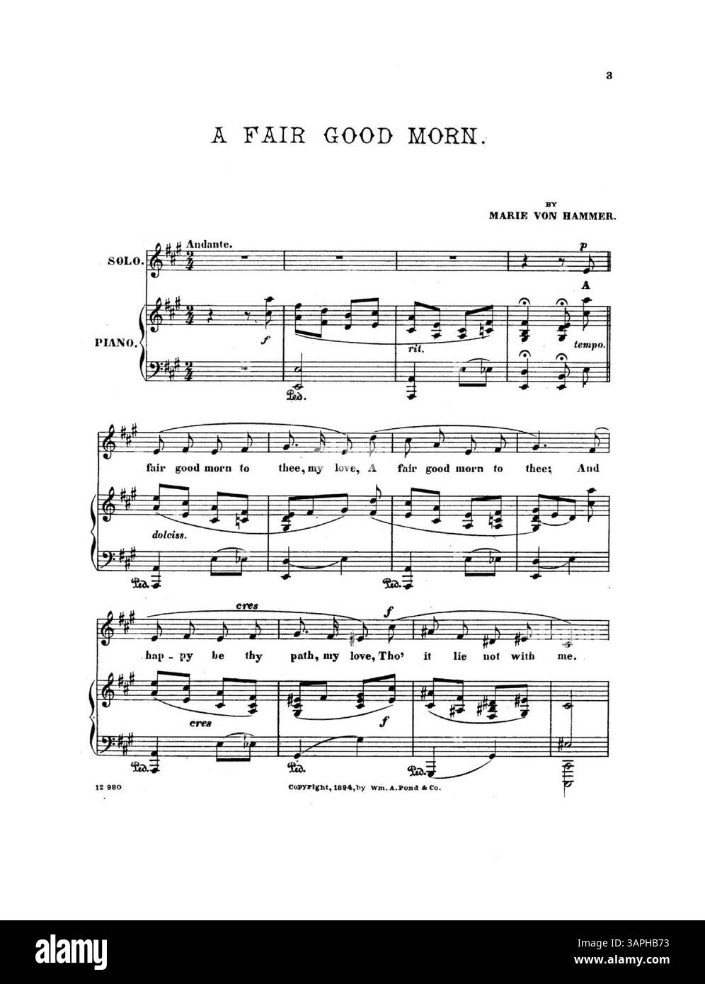 Questo spartito per "Fair Good Morn" di Marie von Hammer è dedicato a sua madre e presenta il numero di targa 12 980. Rappresenta la musica vocale storica dei primi anni del XX secolo, conservata nella collezione University of Oregon Libraries. Foto Stock