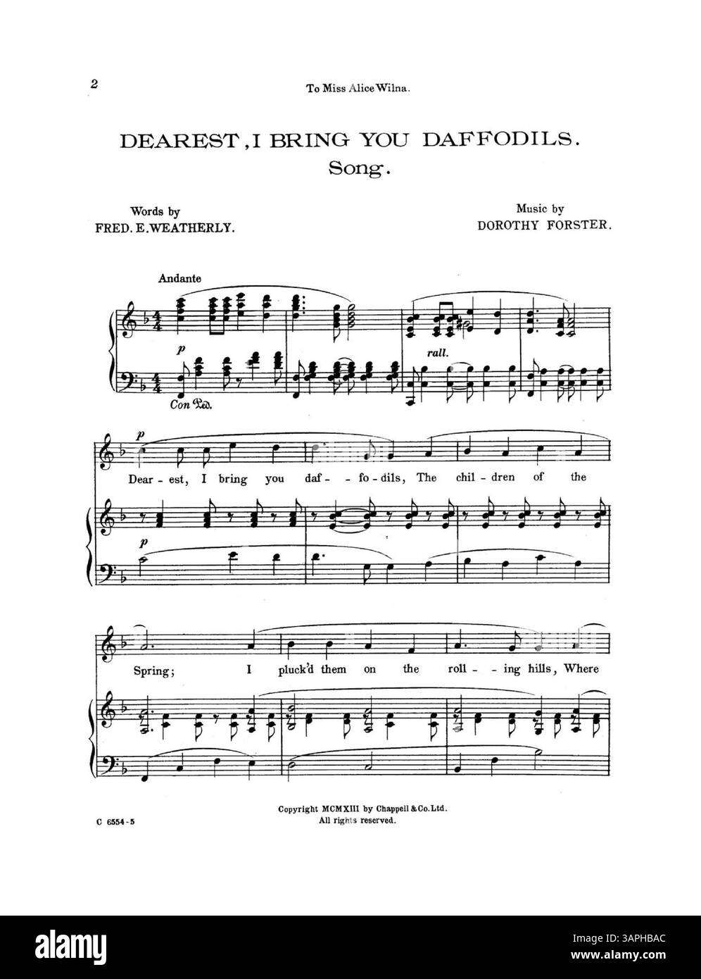 Testo della canzone di Fred. E. Weatherly, musica di Dorothy Forster. Versione n. 3 in F. include la prima pagina di musica per "Since You Came Back" di Simpson e Forster. Testo completo del brano stampato prima del punteggio. Numero di targa C 6554. Pubblicità dell'editore sul retro di copertina con esempi musicali di altre canzoni di Dorothy Forster. Foto Stock