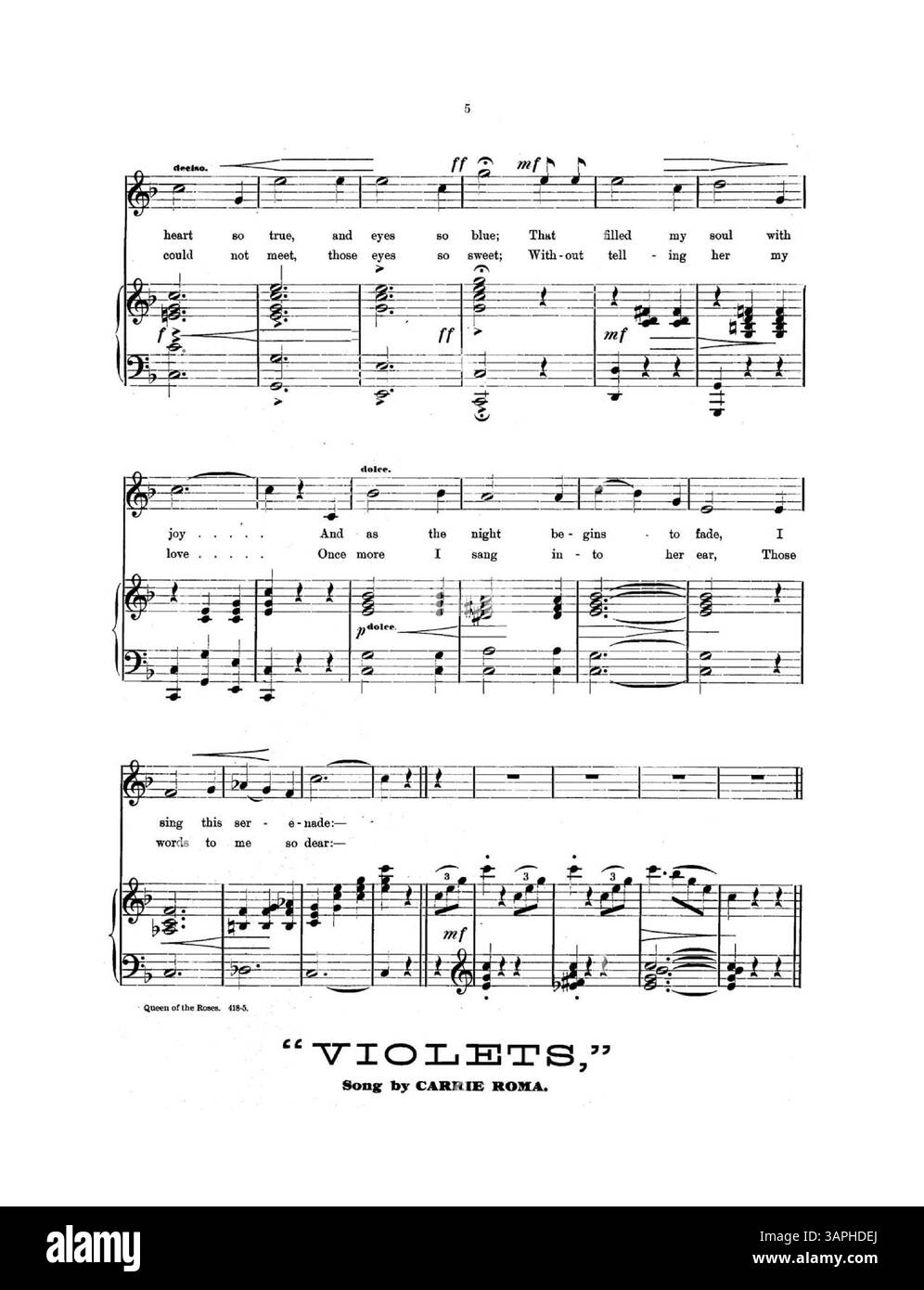 Gli spartiti di "Queen of the Roses", scritti da Mabel Hudson, includono pubblicità per canzoni popolari come "Sweet Little Kate McCoy" e "Violets". Una foto di Fowzer appare sulla copertina. La copertina posteriore mette in risalto le canzoni popolari del periodo, con un'attenzione particolare ai successi musicali contemporanei. Il colore dell'immagine digitale può variare rispetto all'originale. Foto Stock