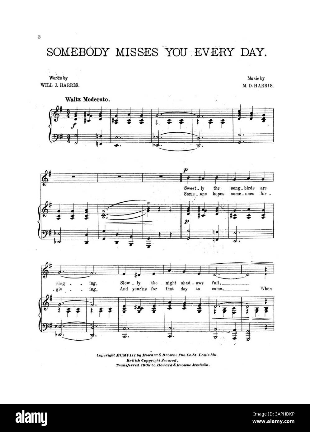 Questa colonna sonora, con testi di Will J. Harris e musica di M.D. Harris, presenta un arrangiamento di quartetto maschile e include una pubblicità di copertina che promuove altre ballate popolari e pezzi strumentali dell'epoca. Foto Stock