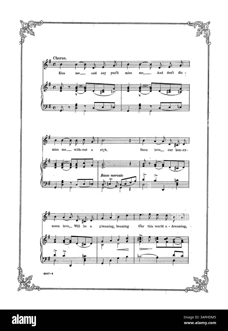 La copertina del brano "By the Light of the Honeymoon" presenta un bordo con angoli decorati. La canzone è descritta come "The latest Broadway Craze" ed è stata cantata da Maud Lambert in "The Babes and the Baron", diretto da John C. Fisher. La copertina posteriore include un estratto di "After They Get the Hay" di S.R. Henry e J.J. Walker. Numero di targa: 4867. Foto Stock