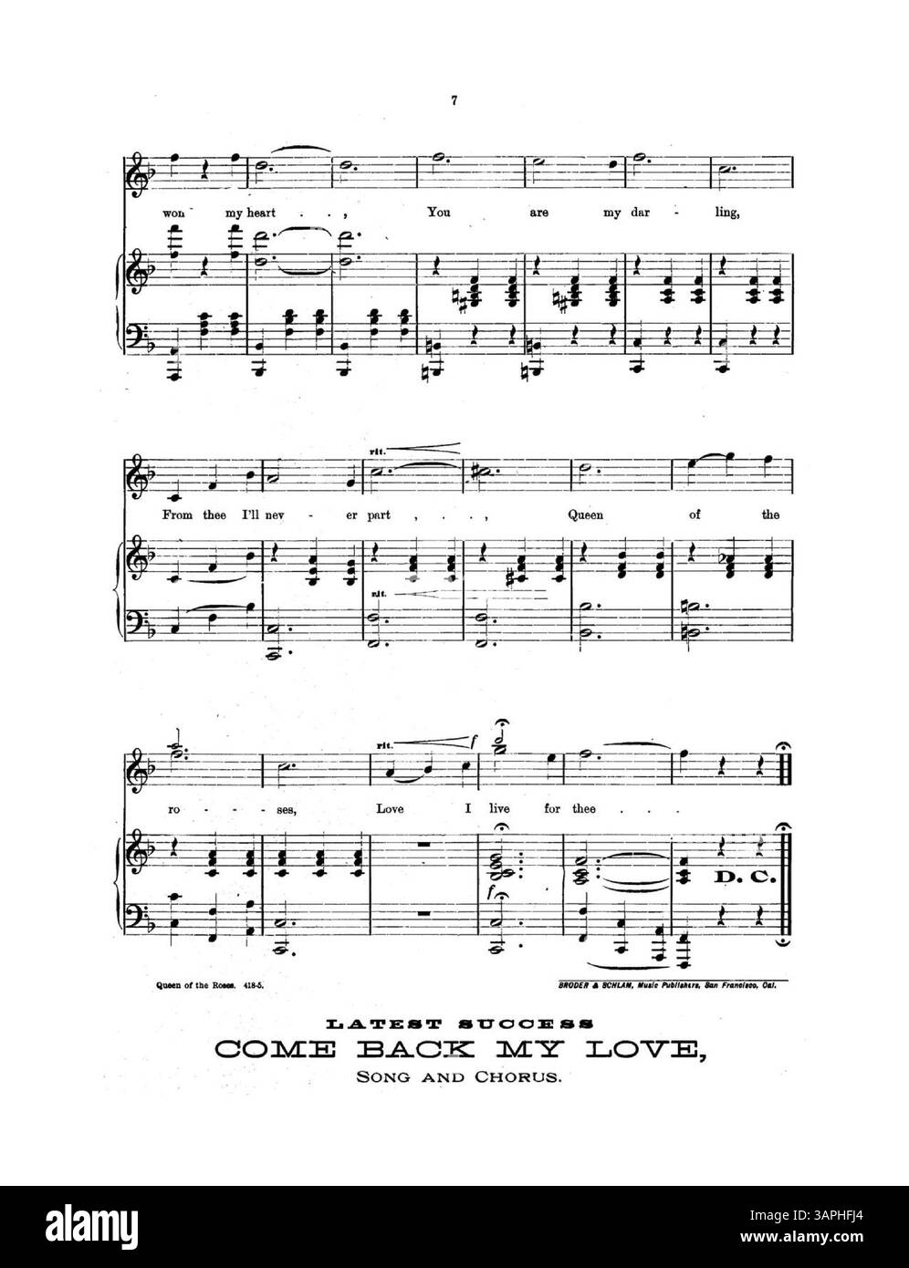 Questo spartito, "Queen of the Roses", scritto e cantato da Mabel Hudson, include una foto di Fowzer. La copertina interna contiene annunci pubblicitari per canzoni popolari e estratti musicali sono forniti in tutte le pagine. La copertina posteriore promuove canzoni come "Kiss me Good-Night". Il colore nella rappresentazione digitale potrebbe non corrispondere all'originale. Foto Stock