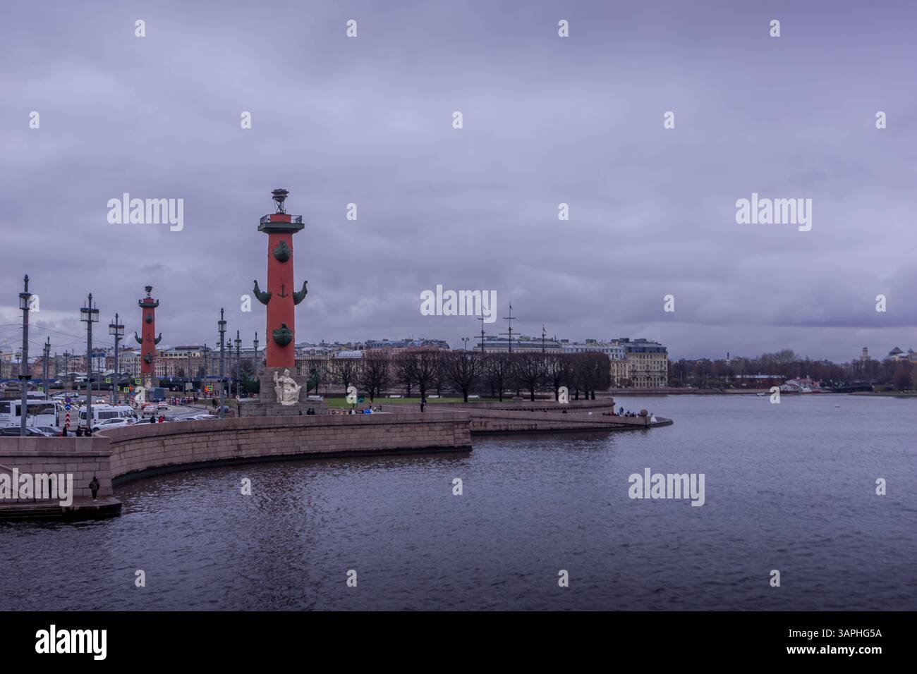 Colonne rostrali sull'isola Vasilevsky, San Pietroburgo - i monumenti storici sul fiume Neva, Russia. Foto Stock