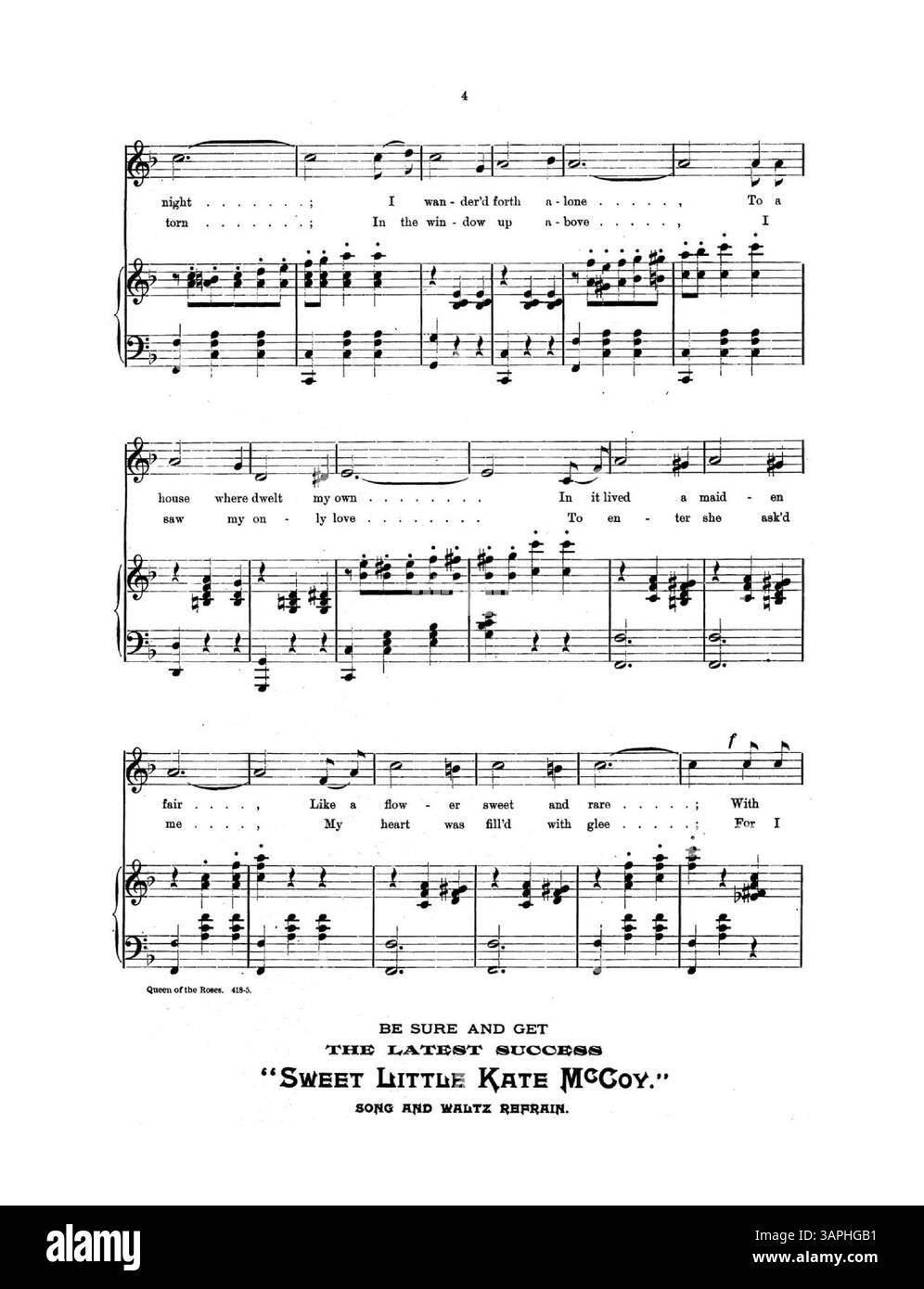 Questa edizione di "Queen of the Roses", scritta e cantata da Mabel Hudson, presenta una foto di Fowzer sulla copertina. La copertina interna include pubblicità per canzoni come "Accidental Polka" e "Recuerdos Mazurka". Ulteriori annunci pubblicitari sono disponibili nelle pagine del punteggio. La copertina posteriore evidenzia successi popolari come "Kiss me Good-Night". Nell'immagine digitale possono essere presenti discrepanze di colore. Foto Stock