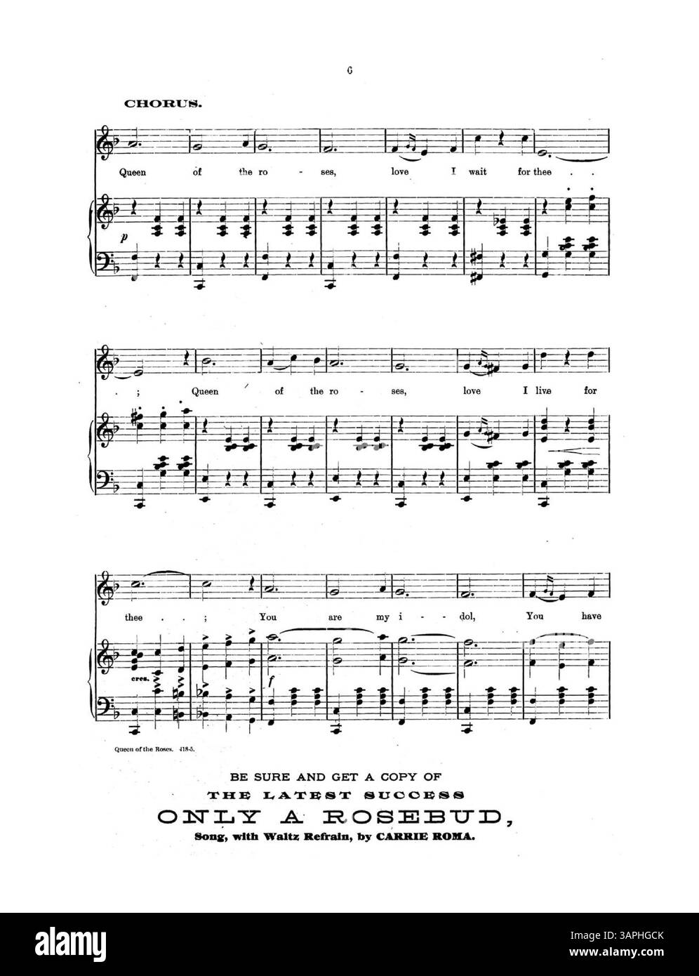 Gli spartiti "Queen of the Roses", eseguiti da Mabel Hudson, includono una foto di Fowzer sulla copertina. Promuove varie canzoni con pubblicità per successi come "Friends" di Minnie Huff e "Violets" di Carrie Roma. Il retro di copertina contiene canzoni popolari aggiuntive. Il colore nella rappresentazione digitale potrebbe non corrispondere all'originale. Foto Stock