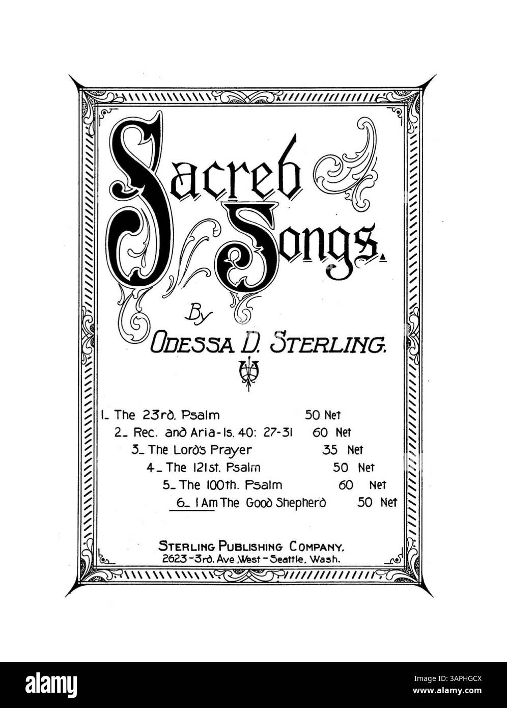 Il titolo "i Am the Good Shepherd" di Odessa D. Sterling è elencato sotto "canzoni sacre". Include il testo di Giovanni 10:14-16. La copertina posteriore contiene una pubblicità per ulteriori canzoni sacre di Odessa D. Sterling. La rappresentazione dei colori nell'immagine digitale può differire dall'originale e potrebbe non contenere annotazioni. Foto Stock