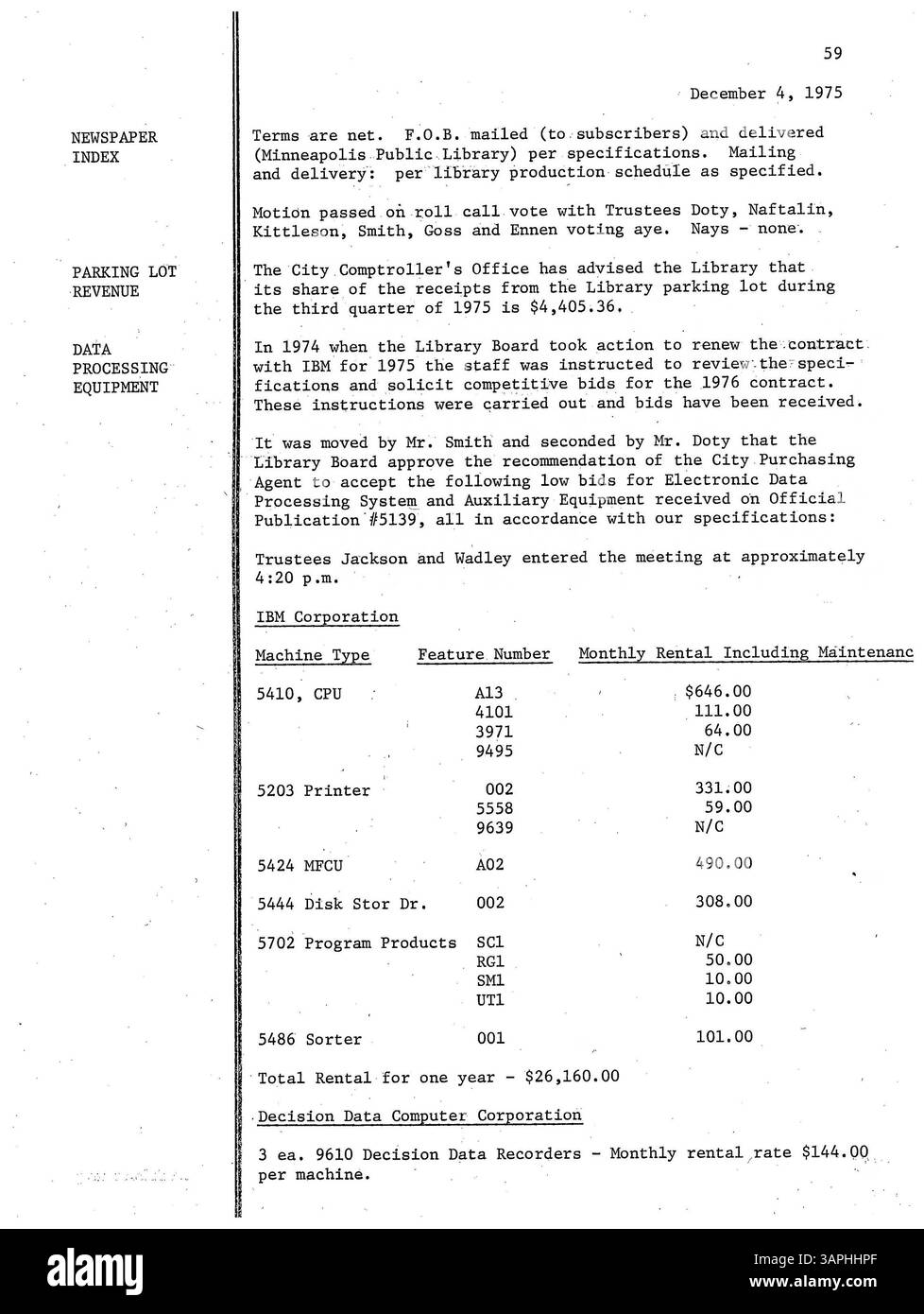 I verbali della riunione del Consiglio di amministrazione della Biblioteca pubblica di Minneapolis nel 1975 forniscono un resoconto ufficiale delle operazioni della biblioteca, dei finanziamenti, delle politiche e delle decisioni chiave prese durante quell'anno. Foto Stock