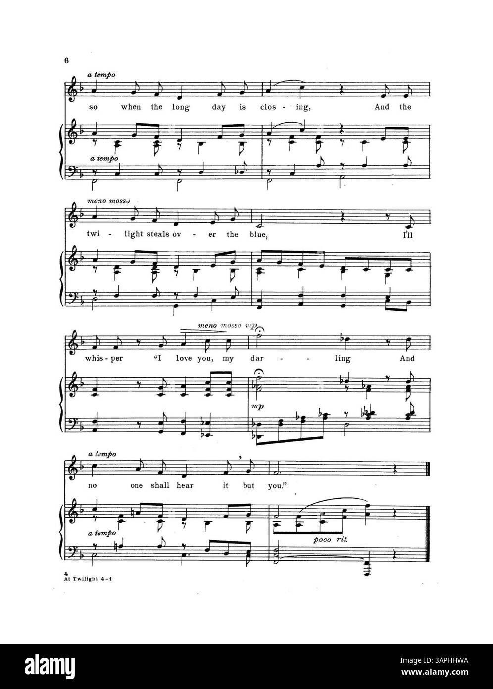 La canzone "At Twilight" è composta da Gertrude Ross con testi di Corrine B. Dodge. Questa versione è per voce media in F con l'accompagnamento modificato dal compositore e include una parte di violino. Tenere presente che il colore dell'immagine digitale potrebbe differire dall'originale. Per le annotazioni, contattare Music Services. Foto Stock
