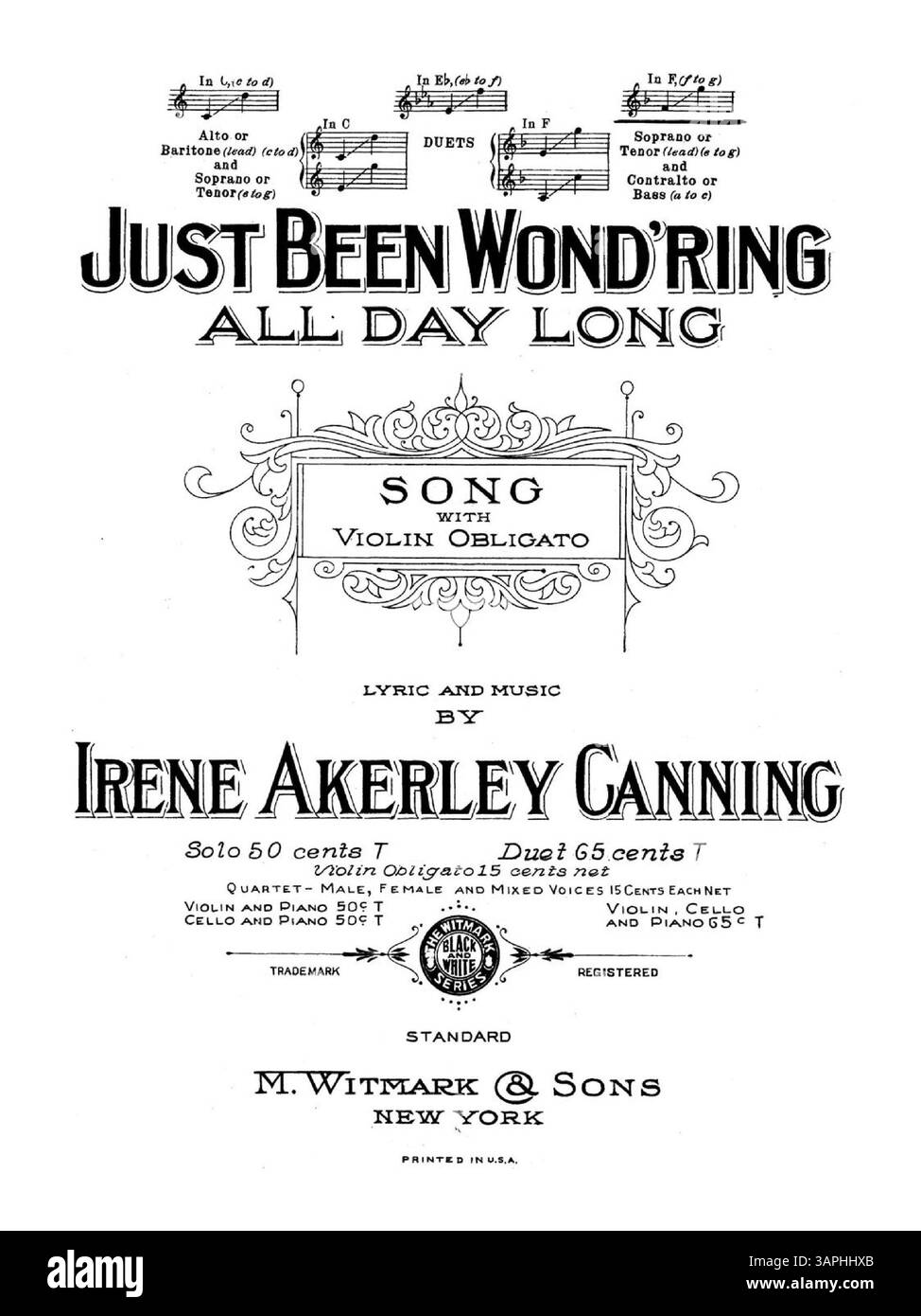 "Just Been Wond'ring All Day Long" della University of Oregon Libraries contiene testi e musiche di Irene Akerley Canning. La partitura include una parte di violino con una linea vocale. Sono incluse le pubblicità dell'editore per "due gemme melodiche di Ernest R. Ball" e altre canzoni. Foto Stock