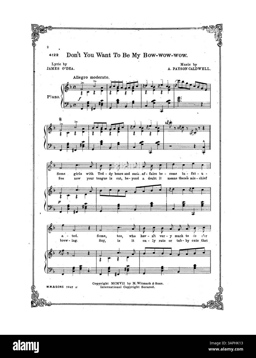 La copertina di "Don't You Want to Be My bow-wow-wow" presenta la produzione di Sam S. e Lee Schubert di *The Top o' th' World*, con un libro di Mark E. Swan, testi di James o'Dea e musiche di Manuel Klein e Anna Caldwell. La copertina posteriore promuove numeri musicali di *A Society Circus*, *Moon Dear* e *The Man From Now*. Foto Stock