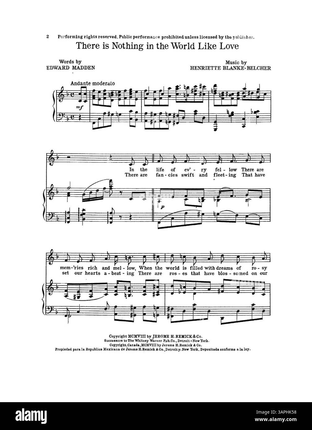 Questa canzone, There Is Nothing in the World Like Love, è stata eseguita da Frank McIntyre in The Travelling Salesman. La copertina posteriore promuove nuove canzoni e brani musicali di Jerome H. Remick & Co., tra cui "Are You sincere" di Alfred Bryan e Albert Gumble. Foto Stock