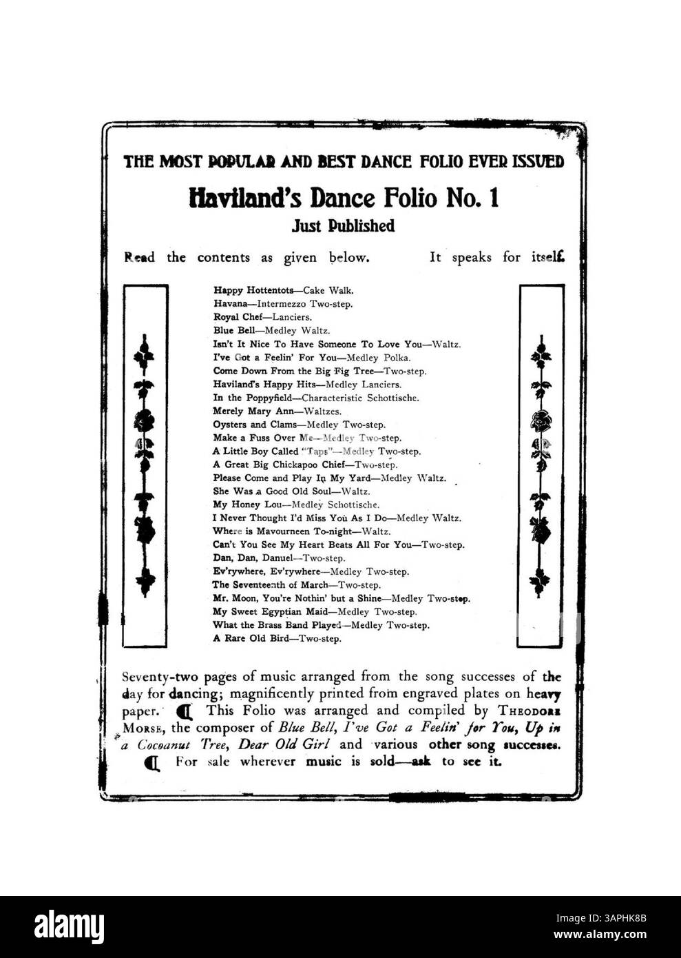 Cover di 'Don't Be so Unruly' con la notazione 'To M.M.M.' è elencata come cantata nella produzione di 'Mlle Marni' di Amelia Bingham. Il retro di copertina include un annuncio pubblicitario per Dance Folio No. 1 di Haviland. Foto Stock