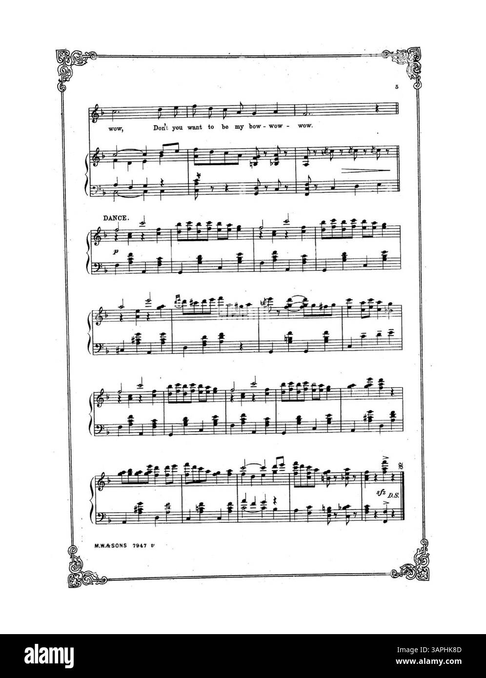 La copertina di *Don't You Want to Be My bow-wow-wow* mostra la produzione di Sam S. e Lee Schubert di *The Top o' th' World*, con un libro di Mark E. Swan, testi di James o'Dea e musiche di Manuel Klein e Anna Caldwell. Il retro di copertina contiene pubblicità per numeri musicali da *A Society Circus*, *Moon Dear* e *The Man From Now*. Foto Stock