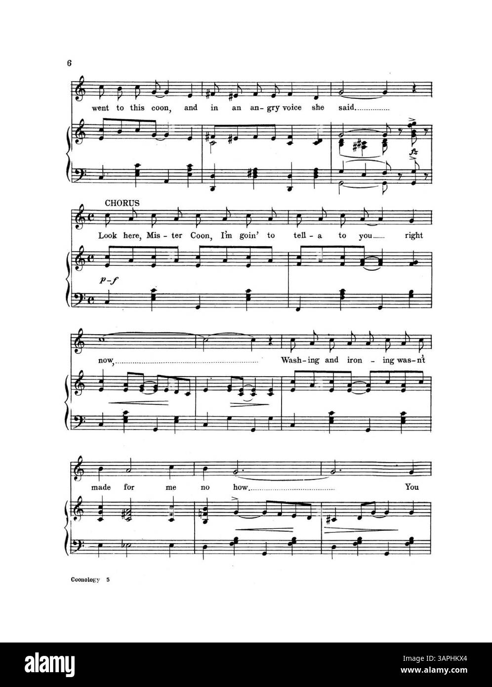 "Coonology" presenta parole e musiche di Blossom Seeley. La copertina interna mostra la prima pagina di "Kiss me My Honey, Kiss me" di Berlin e Snyder, mentre la copertina posteriore contiene il ritornello di "Dreams, Just Dreams" di Berlin e Snyder. Foto Stock