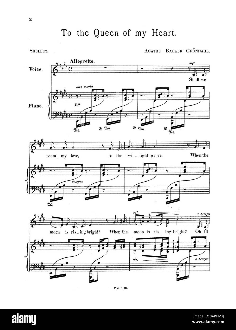 Una cover per gli spartiti di "To the Queen of My Heart", eseguita da Miss Louise Phillips e Mr. Herbert Thorndike, catalogata come No. 2 in e, targa numero P. & H. 117. La cover posteriore include un album di canzoni di Pitt & Hatzfeld. Foto Stock