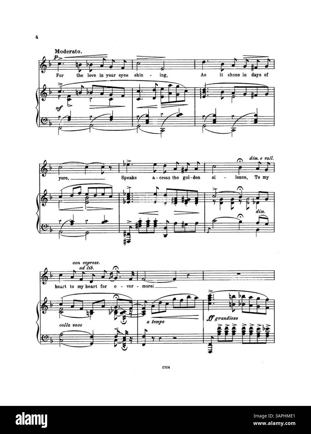Spartito musicale per "Golden Silence" con testi di Clifton Bingham e musiche di Edith Fortescue. Include violino o violoncello obbligato ed è la versione n.. 2 in F, con una copertina posteriore che pubblicizza "Songs Worth Singing". Foto Stock