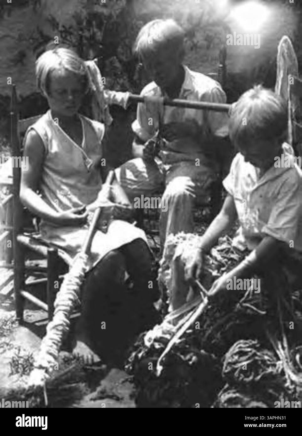 Tre figli di Ned Anderson che lavorano ai compiti. Immagine dal Jack's Diary, pagina 115, che documenta la vita quotidiana e le attività della famiglia. I bambini sono impegnati nel lavoro in un ambiente rurale, mostrando la natura laboriosa della famiglia. Foto Stock