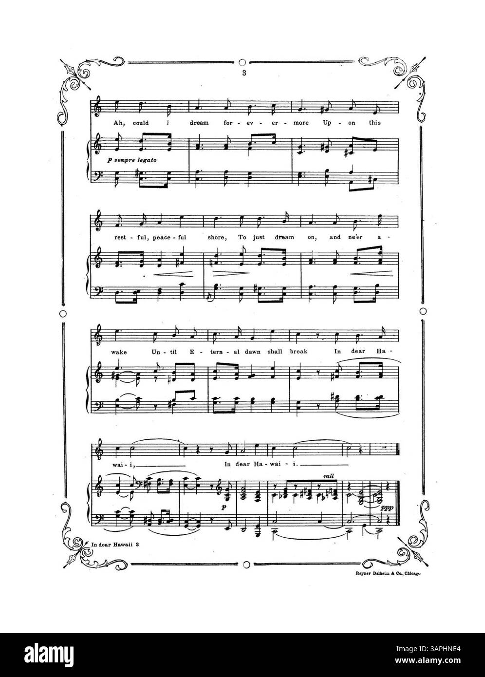 "In Dear Hawaii" è una canzone di Carrie Jacobs-Bond, che mostra una fotografia di una scena all'aperto con una grande palma. La partitura è dedicata a Wilhelmina e Vernon Tenny. La quarta di copertina include un elenco di altre opere del compositore, così come le prime pagine di molte altre canzoni. Foto Stock